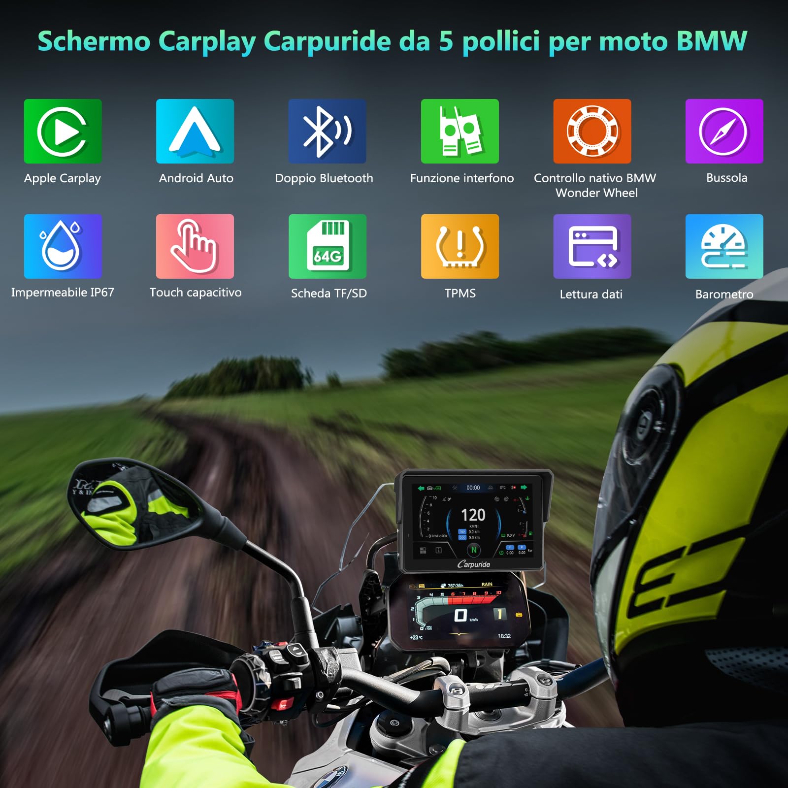 CARPURIDE W502BS Pro per Moto BMW CarPlay e Android Auto, Doppio Bluetooth, Schermo di Navigazione Impermeabile da 5 Pollici, Lettura dati, Native Wonder, TPMS, Sensore di luce, Condivisione di Musica