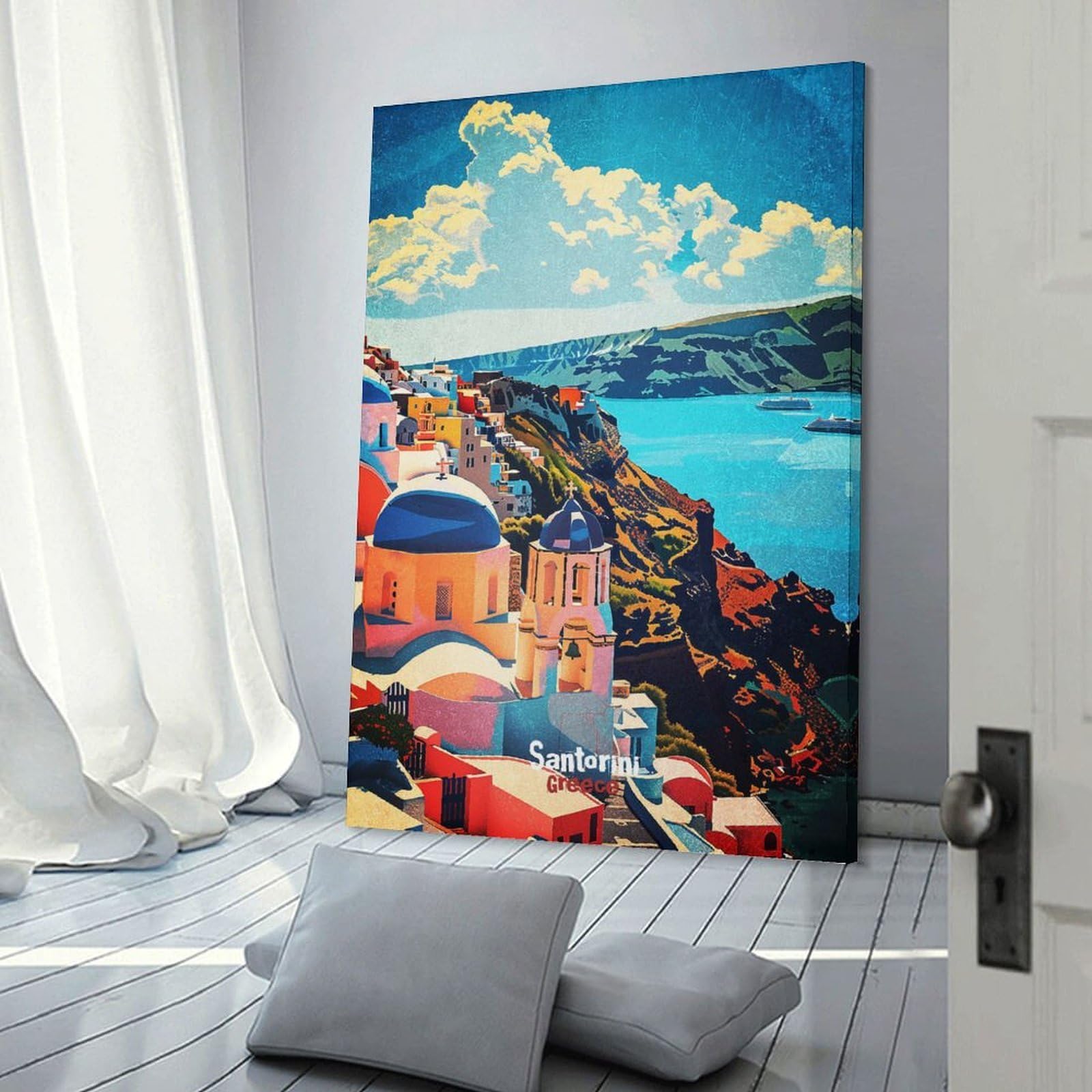 Junmoney Santorini Greece Vintage Travel Hanging Wall Art, 24x36inch(60x90cm), for New Homes, Bedrooms Or Workspaces, Thoughtful Wall Decor for Art Lovers