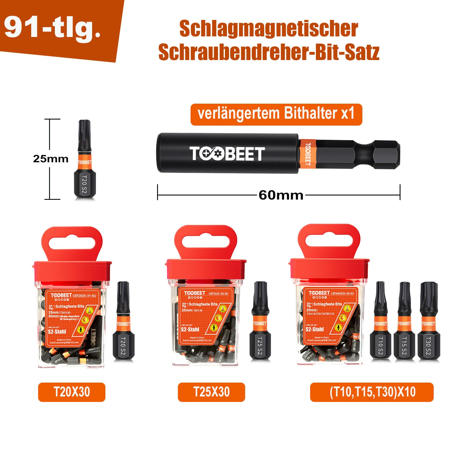 Impact Torx Schraubendreher-Bits-Set, Magnetischen S2-Stahl 25mm 91tlg. (T10/T15/T20/T25/T30) Bits-Set für Schlagwerkzeuge mit 1 langem Bithalter (60 mm) inkl. robuster Aufbewah Ungsbox