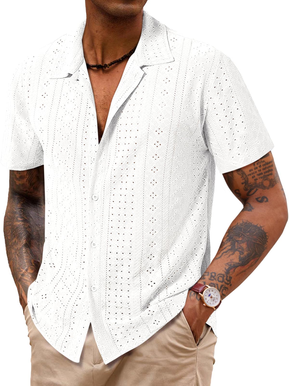 Runcati Men's Casual Button Down Shirt Short Sleeve Summer Beach Hollow Out Tropical Shirts
| Runcati Men's Casual S