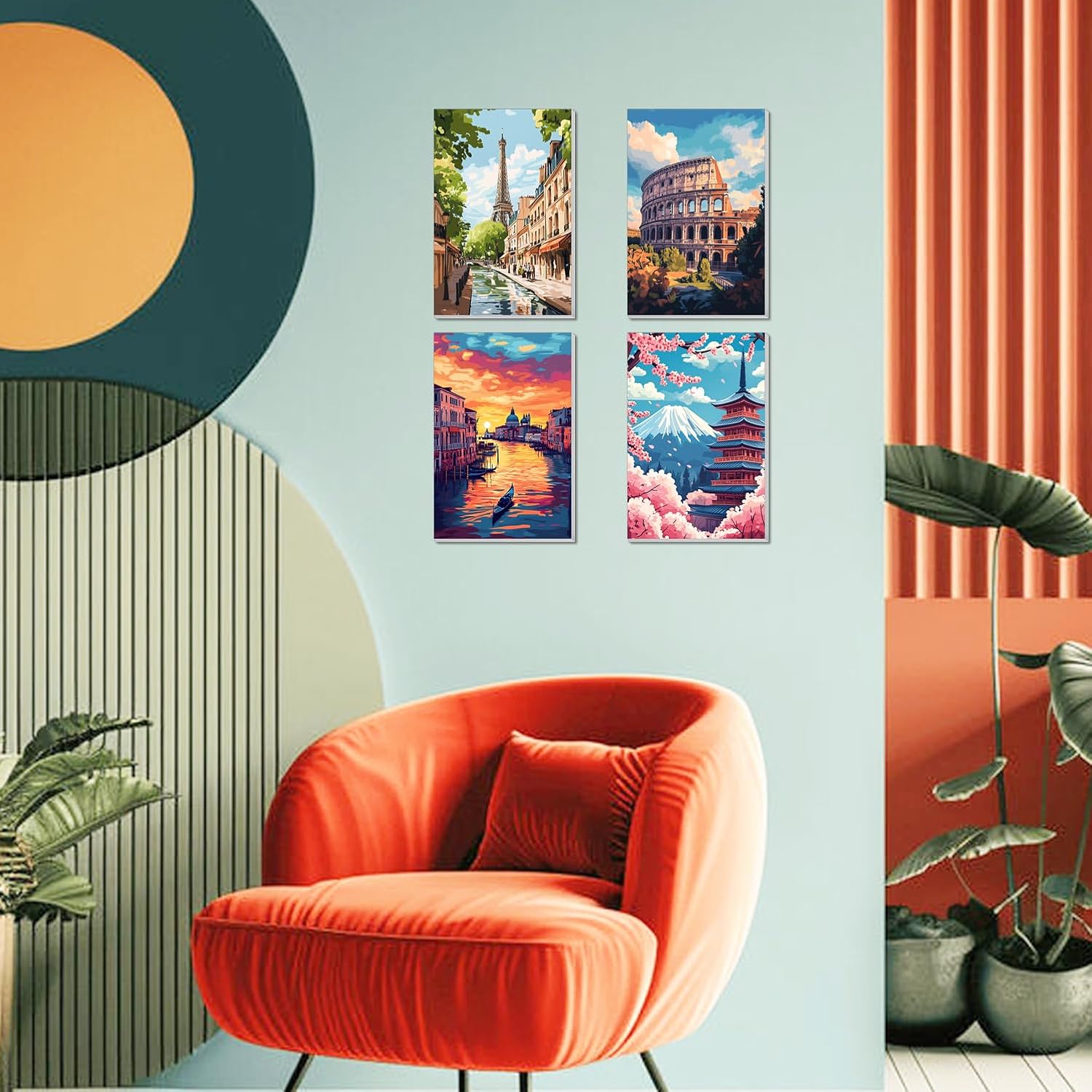 obterie 4 Pack Framed Paint by Numbers Kit for Adults Beginner Canvas Painting by Numbers for Adults Landscapes Easy Adult Paint by Number Kits with Frame City Watercolor Painting by Number 8x12 Inch