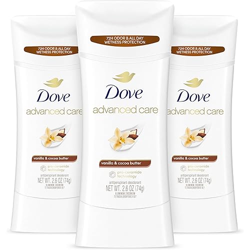 Dove Advanced Care Antiperspirant Deodorant Stick Vanilla & Cocoa Butter 3 Count Antiperspirant deodorant with Pro-Ceramide Technology 72-hour odor control and all-day sweat protection 2.6 oz