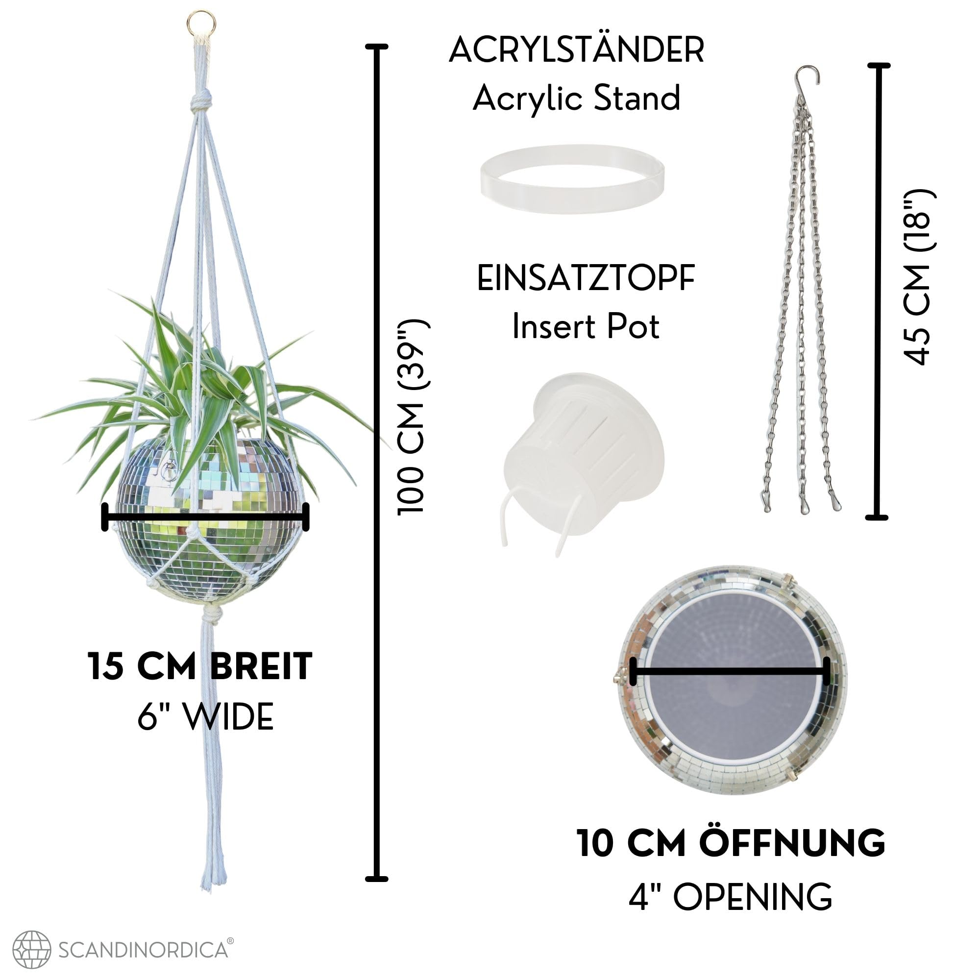SCANDINORDICA Discokugel blumentopf - Spiegelkugel hängende blumentöpfe, diskokugel Pflanzen, discokugel deko übertopf makramee, Geschenk Freundin | Disco Kugel pflanzentopf – 15 cm Silber