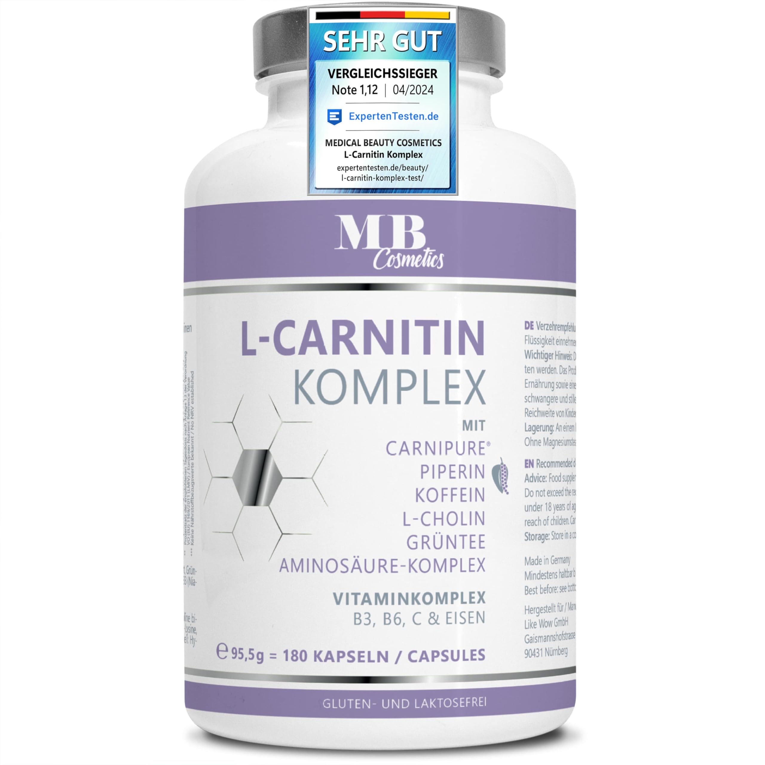 180 L-Carnitin Kapseln hochdosiert - mit Carnipure® aus der Schweiz, Grüntee, Koffein und Piperin – Stoffwechsel-Rezeptur aus veganem L Carnitin Tartrat mit Cholin, Vitamin B3, B6 aus Deutschland