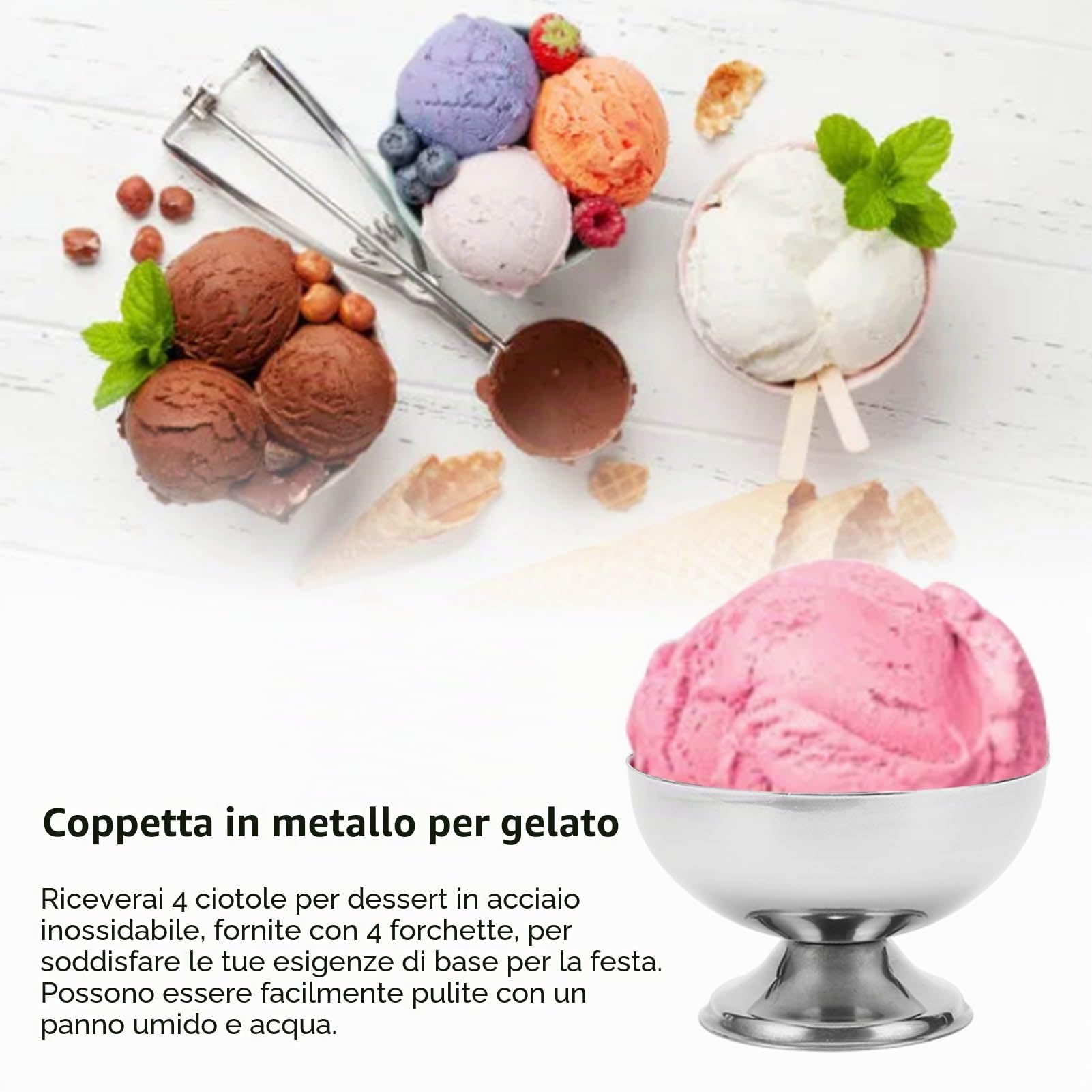 TOPINCN Set di 8 Ciotole da Dessert con Forchette, Set di Coppe per Gelato in Acciaio Inox, per Snack, Dessert, Insalate, Torte, Feste, Interni Ed Esterni