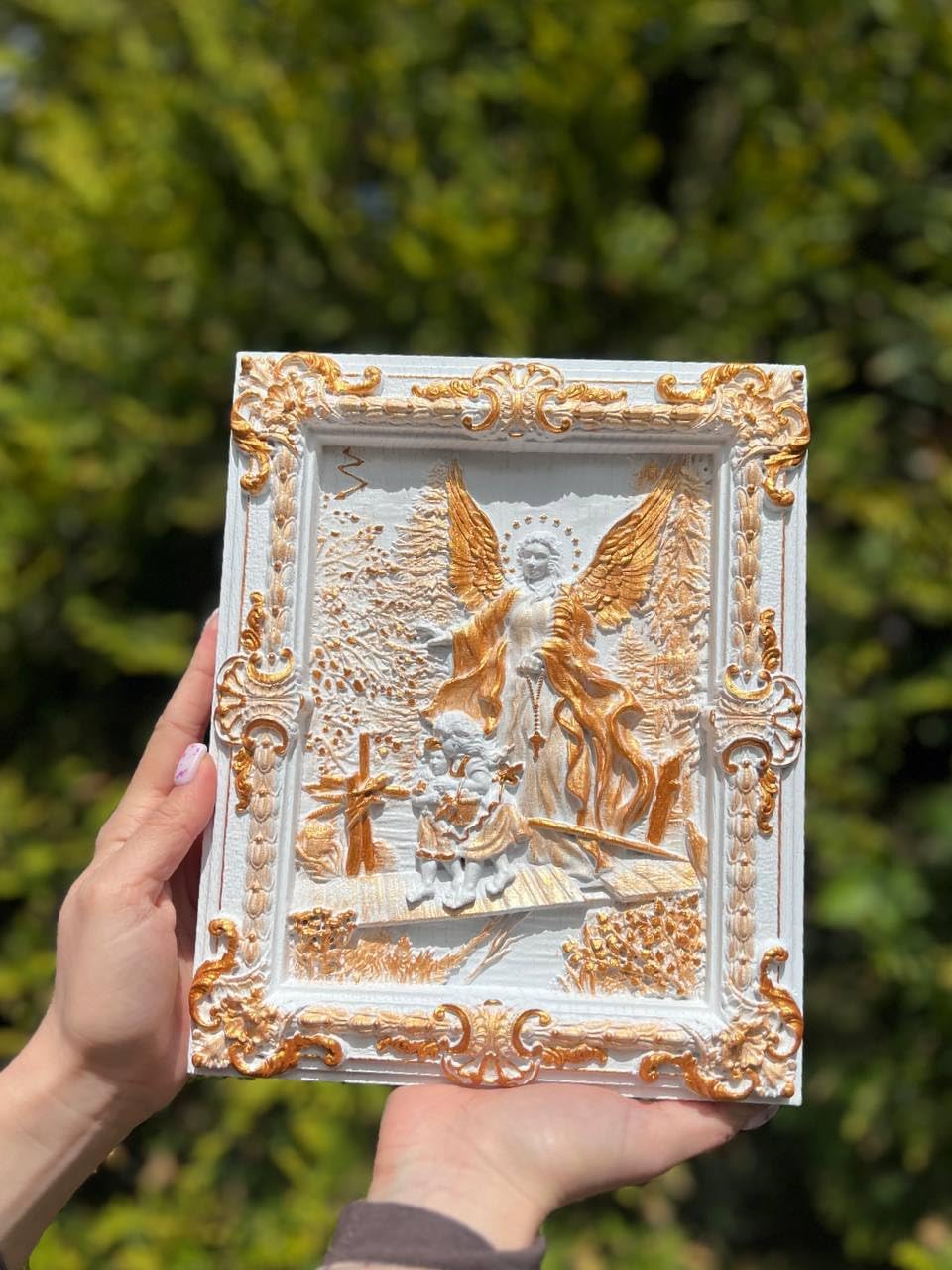 Kozakworkshop Guardian Angel Nursery Wall Art, Christian Relief Plaque with Ornate Frame, Baptism Gift for Girl or Boy, Personalized Catholic Baby Room Decor
