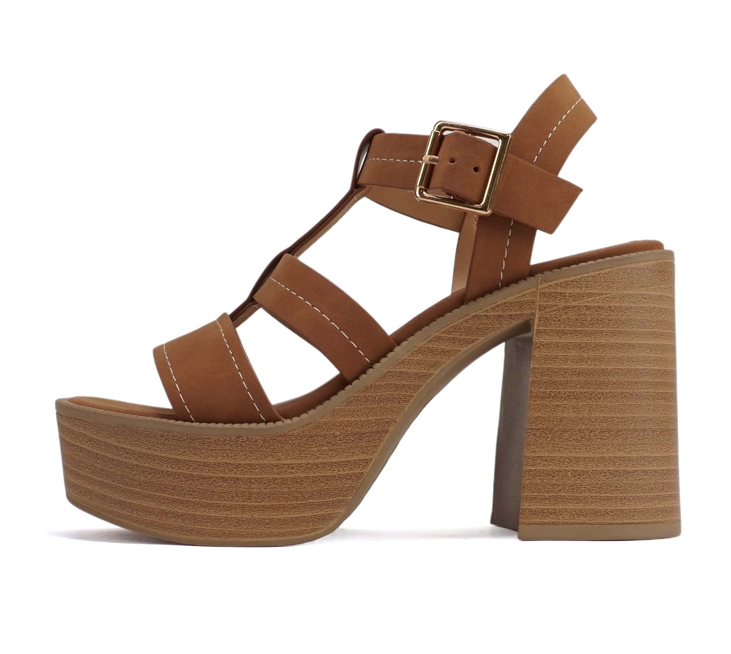 Soda “EVOLVE” ~ Women Open Square Toe Ankle Buckle Stitch Detail Platform High Heel Sandal