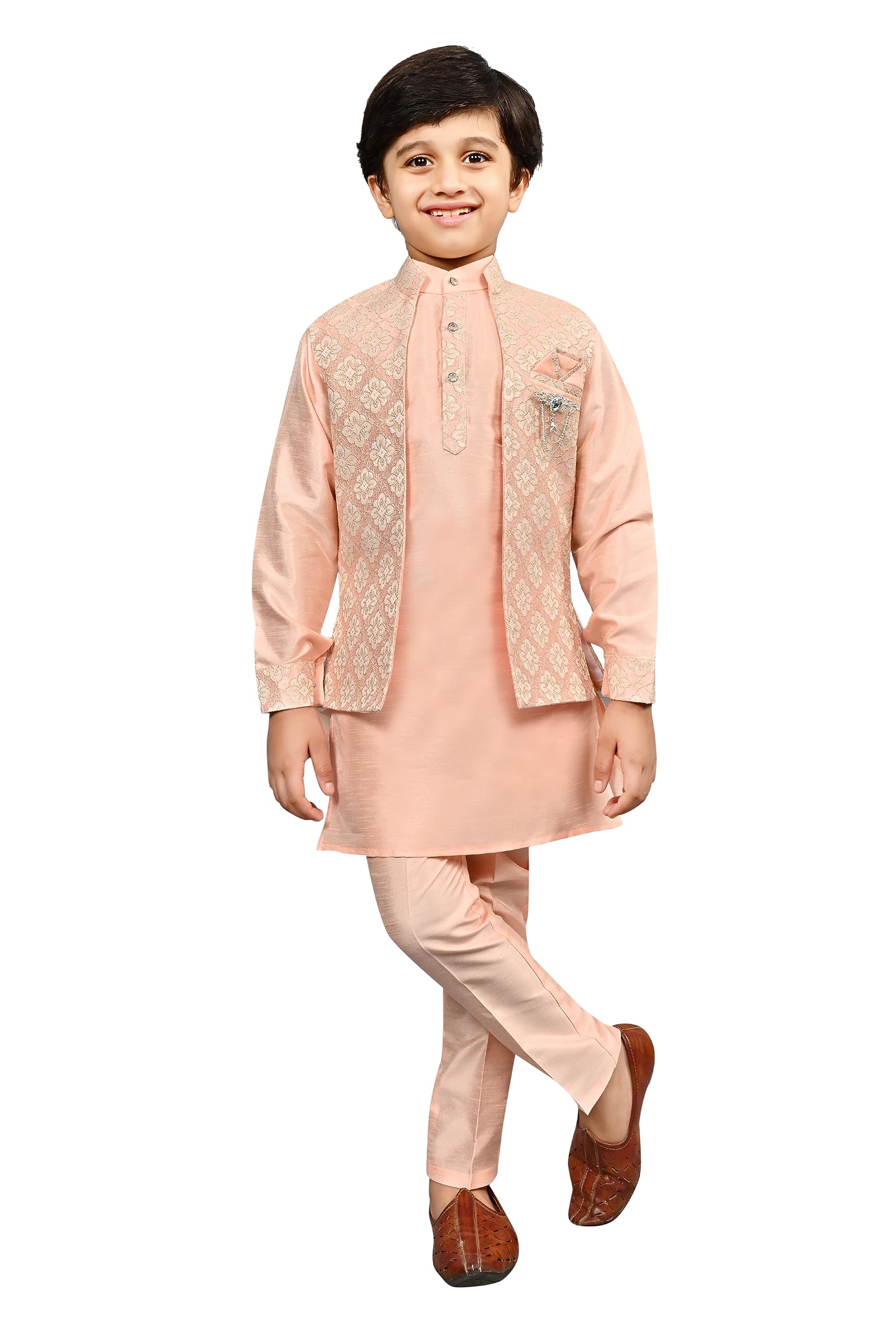 AHHAAAA Kids Ethnic Silk Blend Traditional Wear Bollywood Style Sherwani Waistcoat Kurta and Pyjama for Boys 527