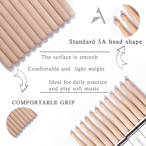 Miniatura 10 de AQJUNONG Baquetas, baquetas 7A, 6 pares de baquetas clásicas de madera de arce para niños y adultos, accesorios de percusión de instrumentos