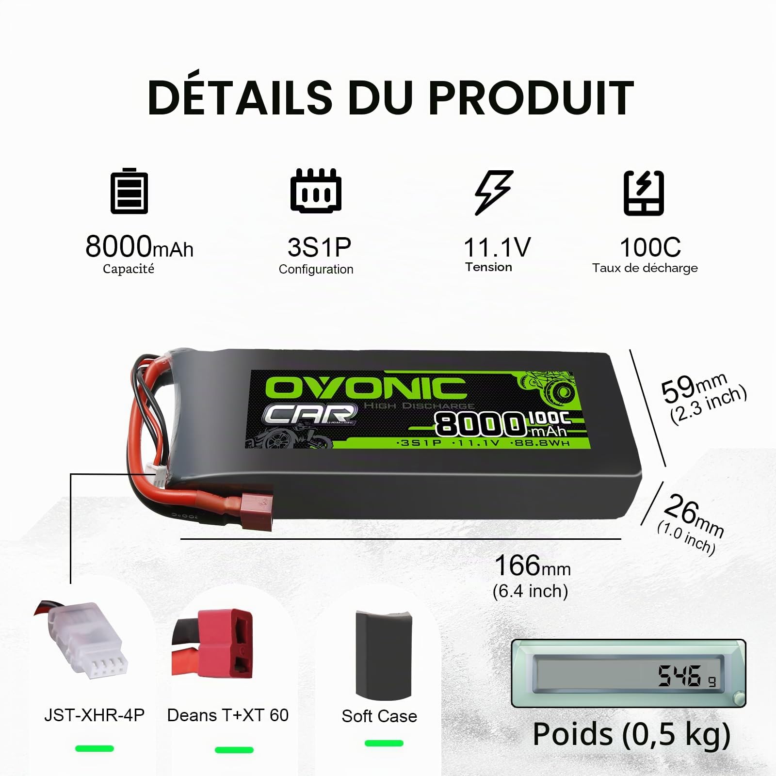 OVONIC Batterie Lipo 3s 8000 mAh 11,1 V 100 C avec connecteur T pour RC Truck Truggy