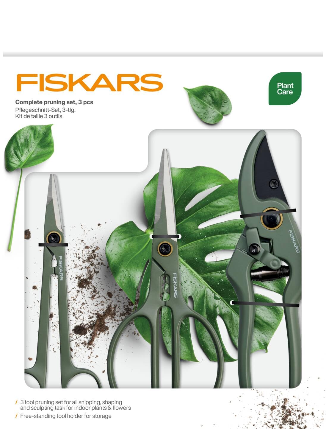 Fiskars Set di Potatura, 3 Pezzi, Cura delle Piante, Cesoie per Piante con Supporto, Forbici per Piante e Fiori, Acciaio Inox/Plastica, Verde Scuro/Nero, 1075317