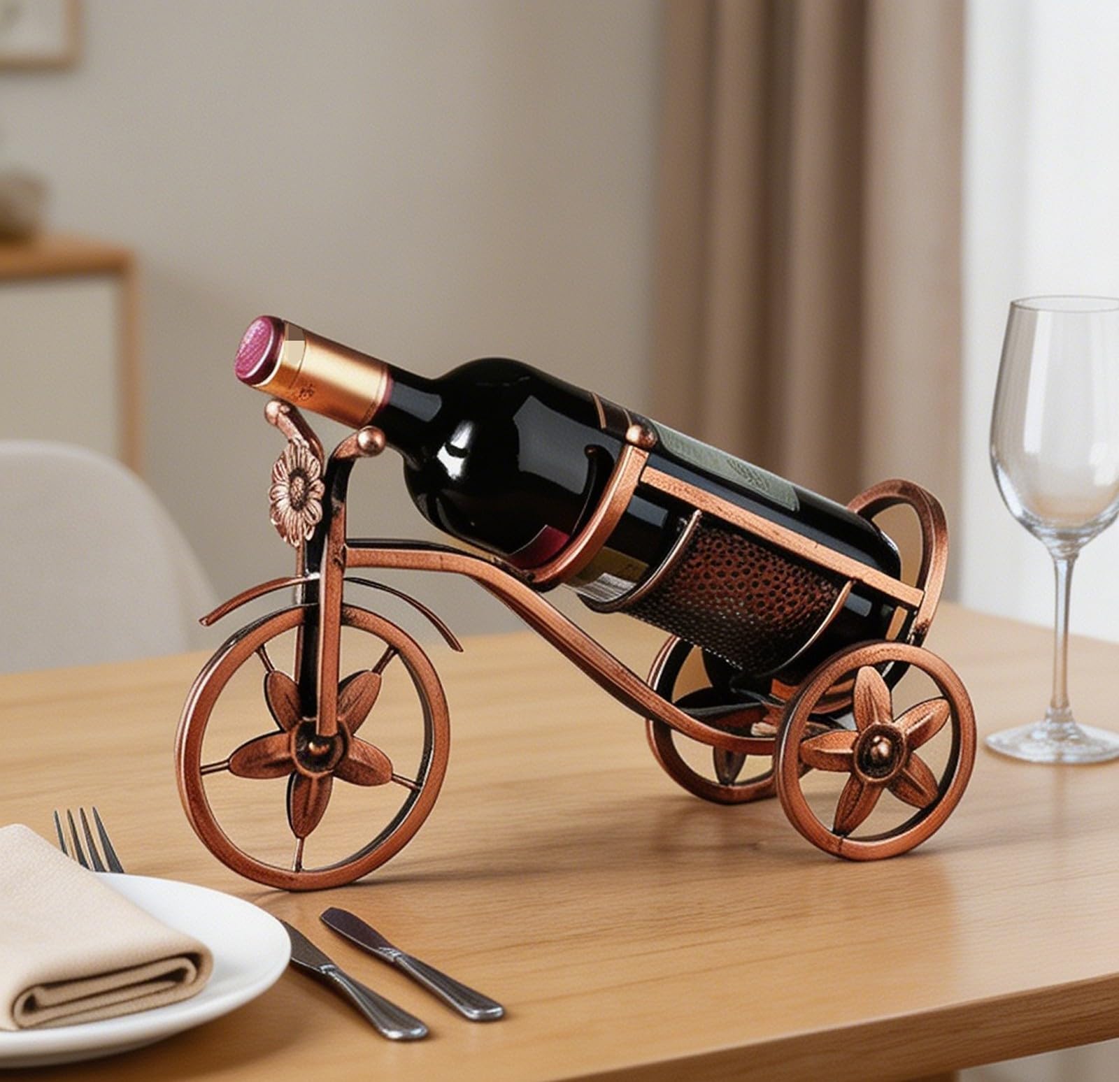 Botellero de Mesa, Soporte de Metal Mate para Botellas de Vino con Colgador de Copas, Expositor de Mostrador para Fiestas y Bodas(B-1btl*0cup-Bronze)