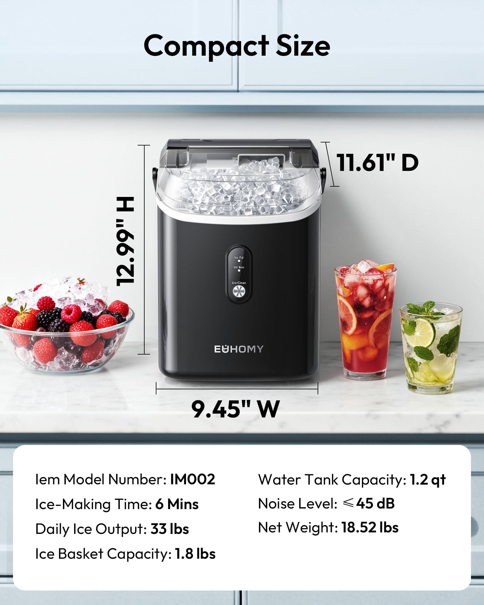 EUHOMY Nugget Ice Maker Countertop with Handle, Ready in 6 Mins, 34lbs Per Day, Removable Top Cover, Auto-Cleaning, Portable Sonic Ice Maker with Basket and Scoop, for Home/Party/RV/Camping (): Black