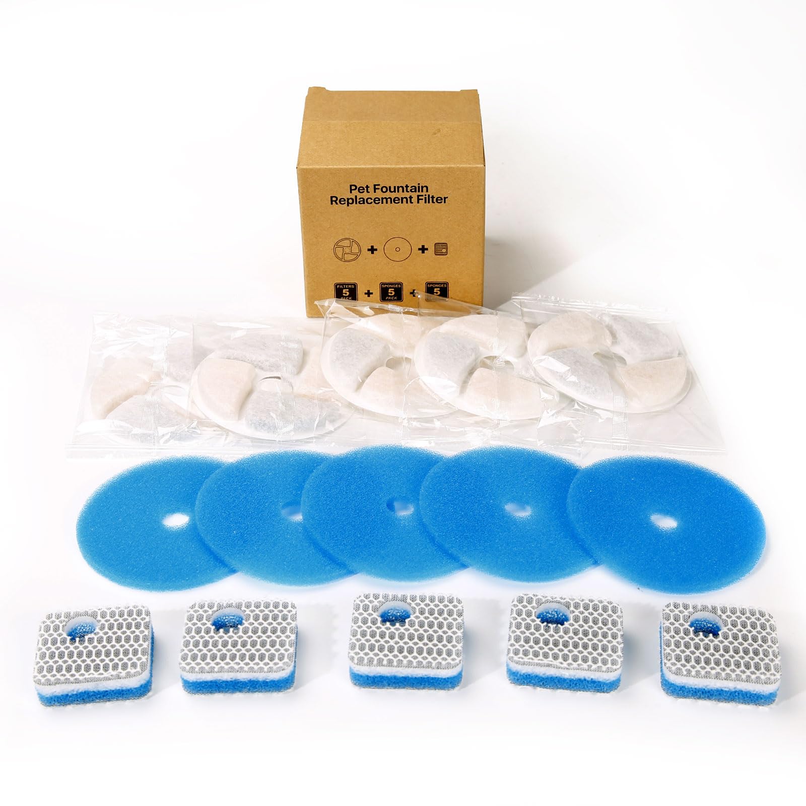 5 Set Cat Water Fountain Filter Replacement for Square 2.2L/73oz Stainless Steel Cat Fountain, ZEKIRY Pet Fountain Filter, Triple Filtration Replacement Filters(5 Filter, 5 Sponge, 5 8D Sponge) - image 8