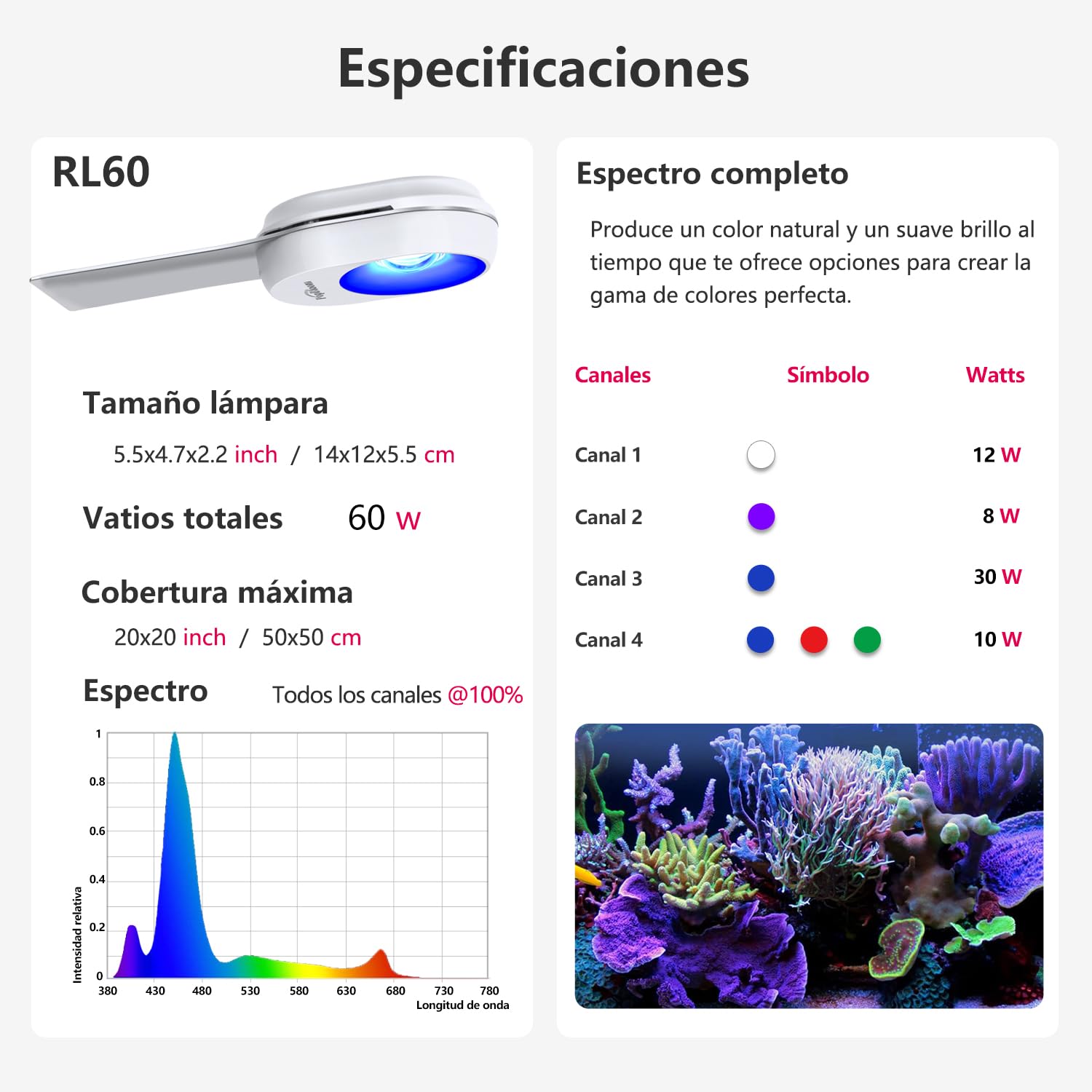 PopBloom RL60 Luz de acuario Wifi espectro completo Acuario Marino Luz Led Para 50x50cm Acuarios Tanque de Arrecife
