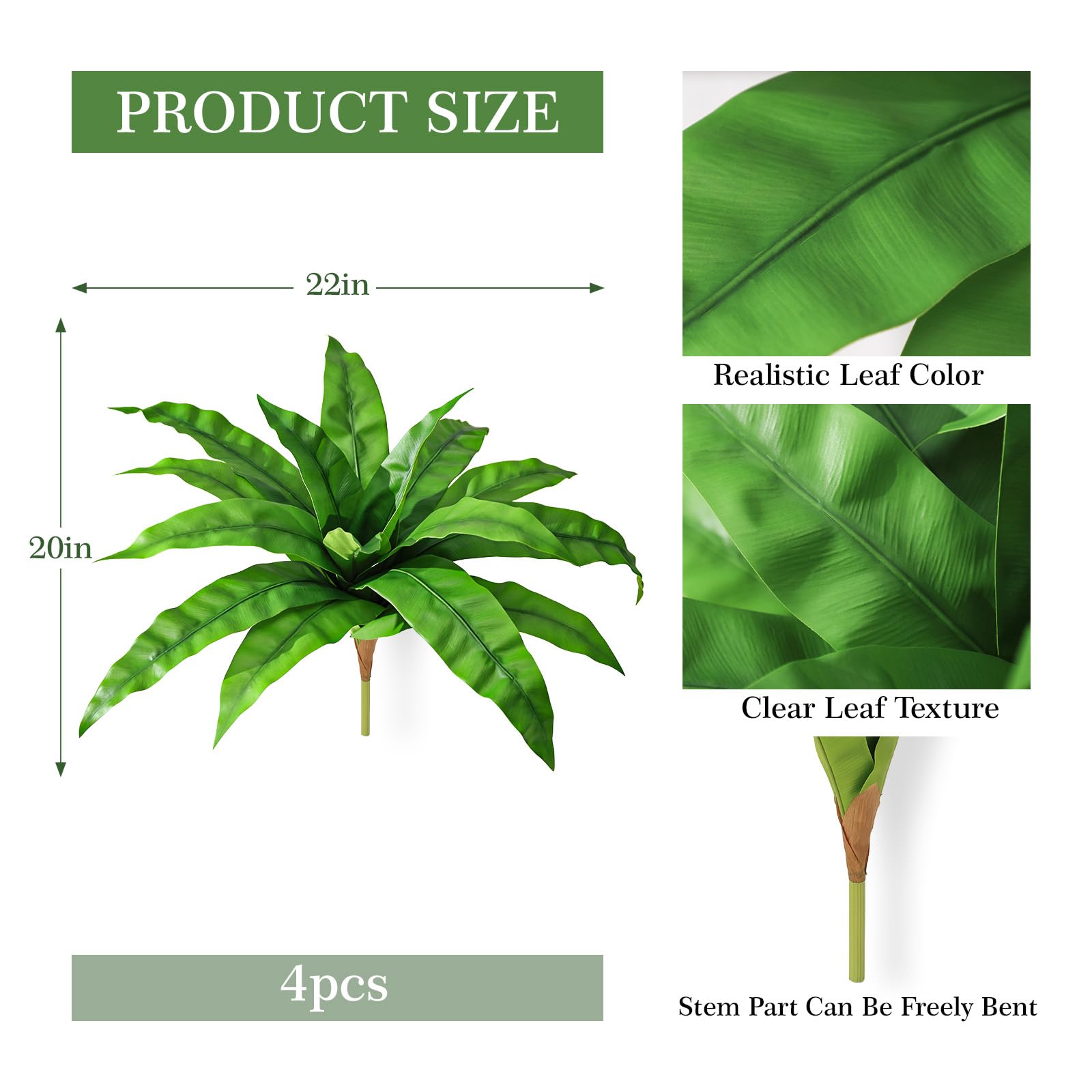 4 plantas artificiales para exteriores, tallos de helecho de nido de pájaros, verde brillante, 3D, tacto real, plantas de dracaena falsas, resistentes a los rayos UV, resistentes a la intemperie