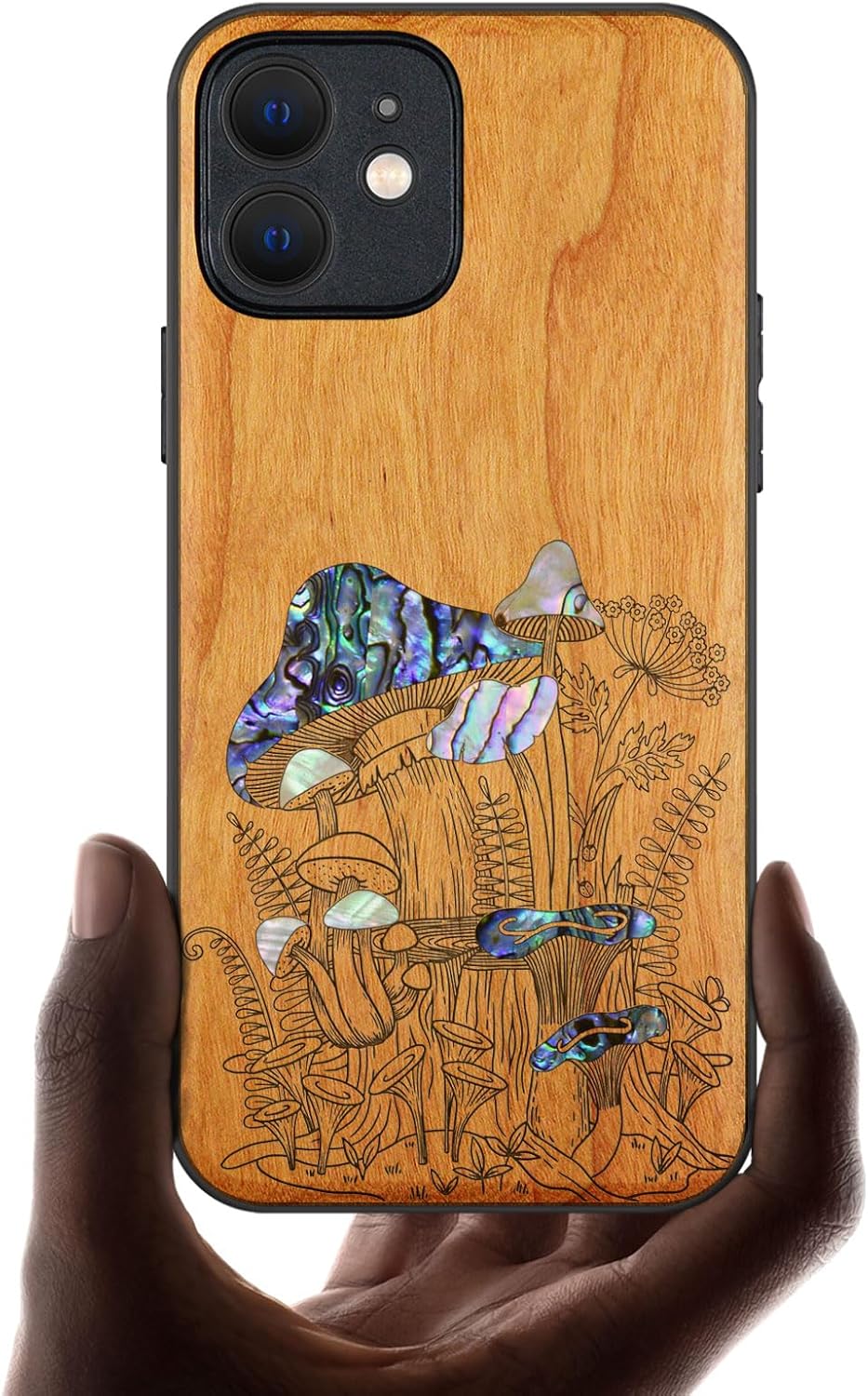 Carveit Designer Wooden Protective Case for iPhone 12 Mini Magnetic Cover [Wood Engraving & Shell Inlay] Compatible with 12 Mini MagSafe (Fern Leaves & Herbs-Blackwood)