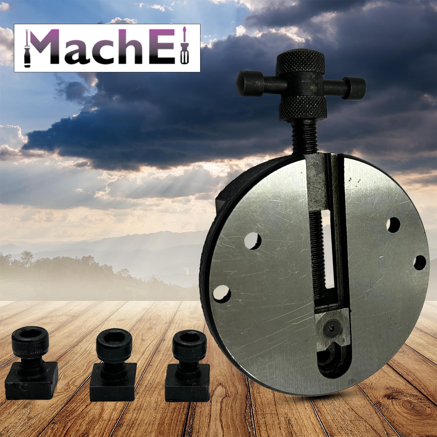 MachEl 100mm Round Vice for 4" (100mm) Rotary Milling Indexing Table with Three M6 T-Nuts and Bolts