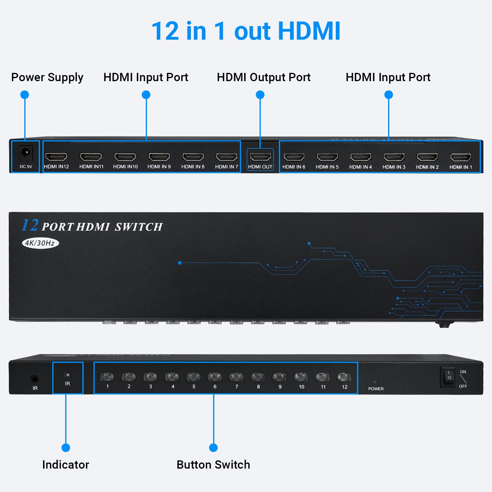 Switch HDMI a 12 Porte e 8 Porte 12 in 1 Out - Selettore HDMI 4K con Telecomando IR, 4K@30Hz Compatibile con laptop, PS5, Xbox, Fire TV, Lettore Blu-ray, Set-top Box, TV, Monitor, Proiettore