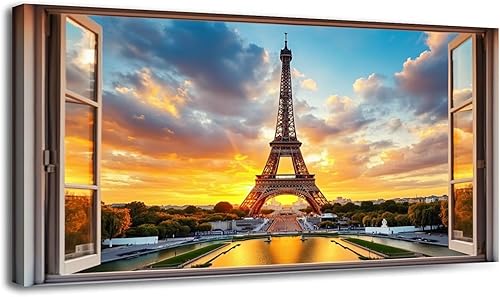 Miniatura 14 de 24"x 48" Canvas Wall Art Fake Window Vintage Travel Eiffel Tower Architecture Paris France Framed Pictures Painting Prints Large Wall Art for Living