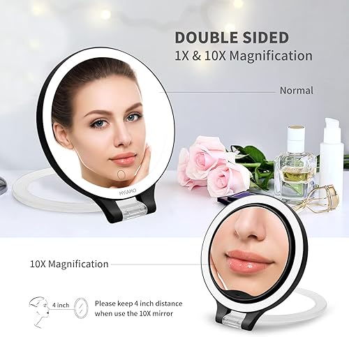 Miniatura 2 de MYIAMO Espejo de maquillaje con luces, espejo de aumento iluminado de doble cara 10X1X con 3 modos de iluminación de color, espejo de mesa con mango