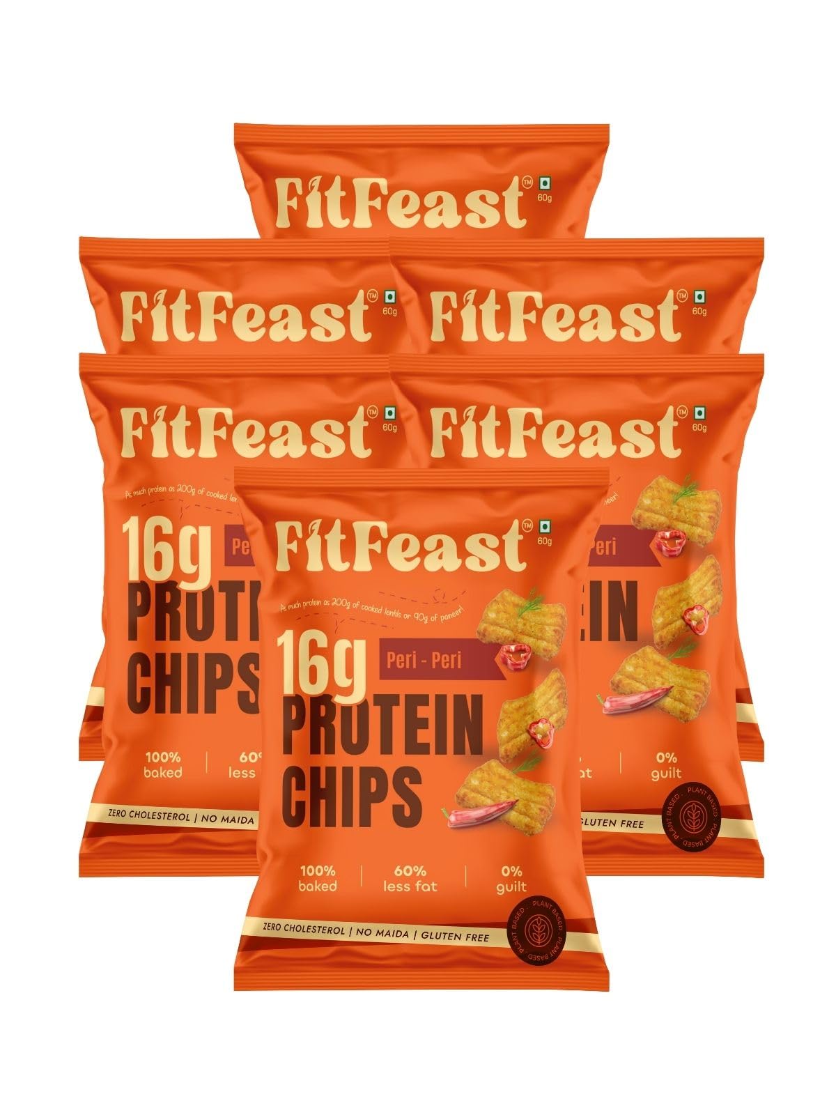 FitFeast Protein Chips - Peri Peri Flavour | Pack of 6-60 g Each | 16g Plant Protein Per Pack | Baked Chips, Not Fried | Multigrain Protein Snacks | As Seen on Shark Tank