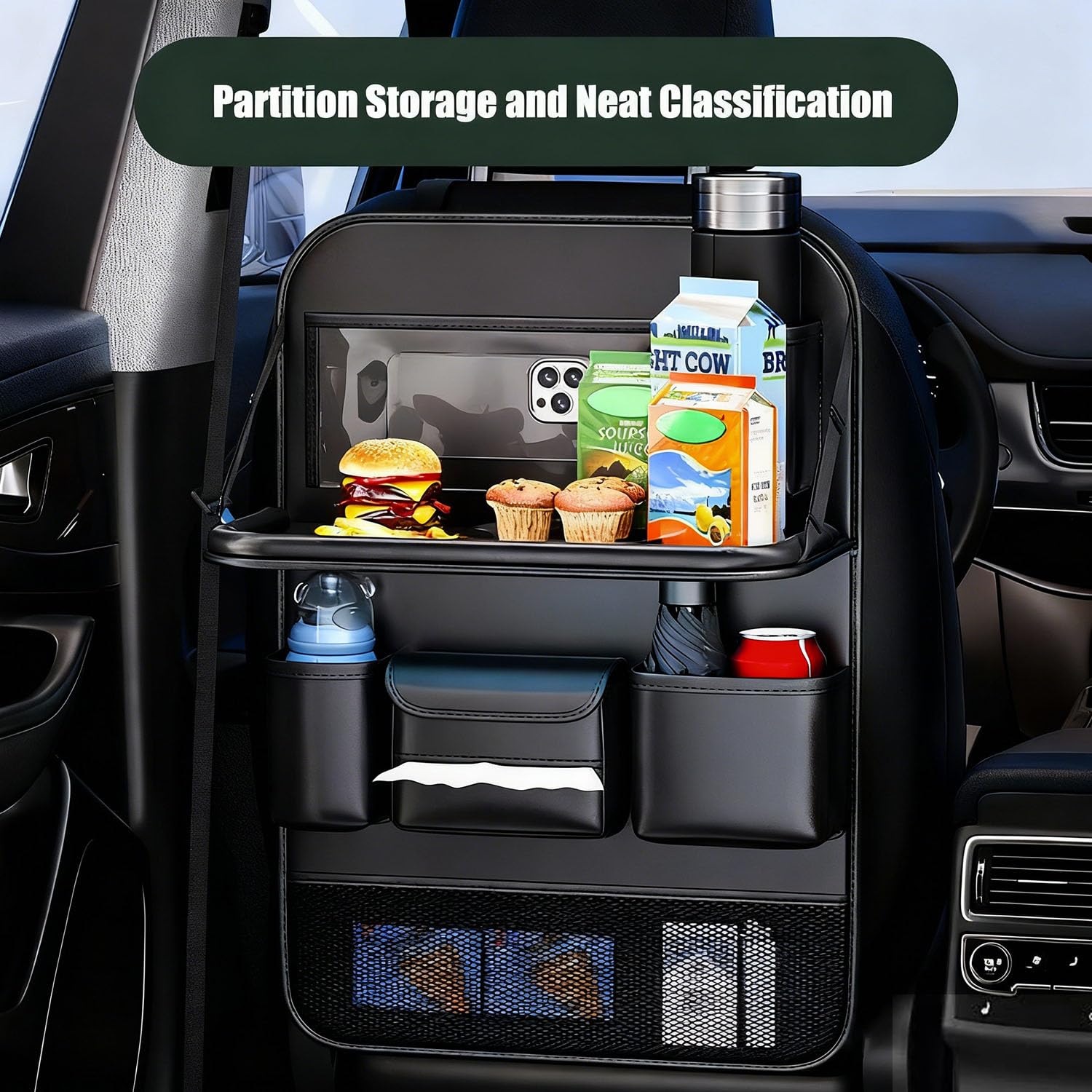 Organizer per sedile posteriore auto, organizer per sedile posteriore con supporto per telefono touchscreen, custodia protettiva in pelle di alta qualità con borsa portaoggetti, scatola per