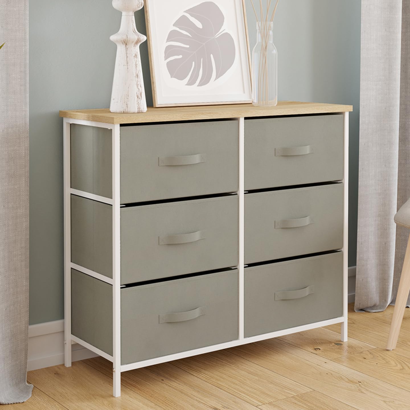 IDMarket - Commode 6 tiroirs en Tissu Alta 80 cm Gris Clair et Plateau Effet Bois Design Industriel