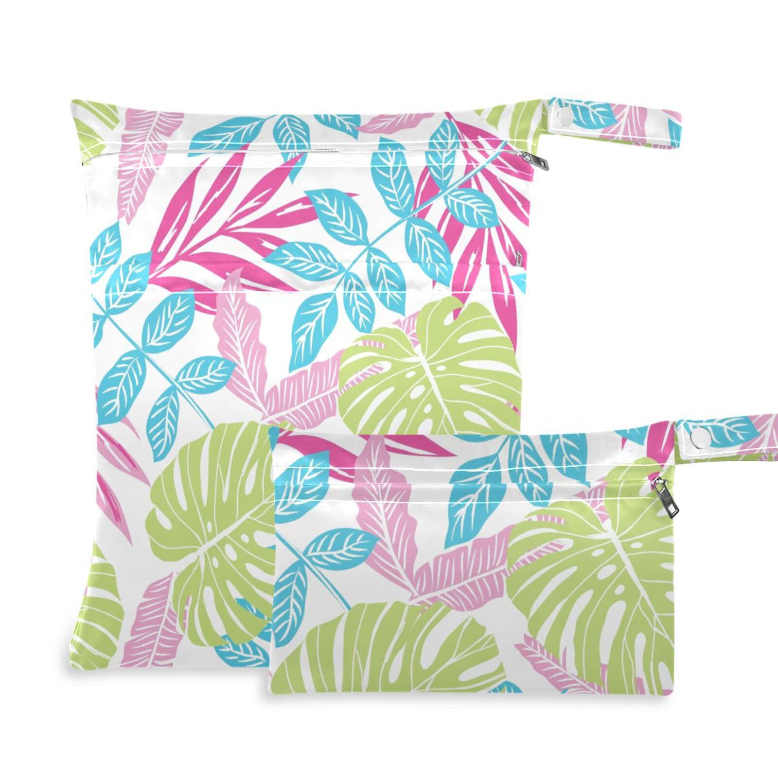 susiyo 2 Pcs Wet Dry Bag Summer Tropical Leaf Waterproof Reusable Baby Cloth Diaper Wet Bags with 2 Zipper Pockets for Breast Pump Parts Travel Beach Pool Gym Yoga Swimsuits Wet Clothes