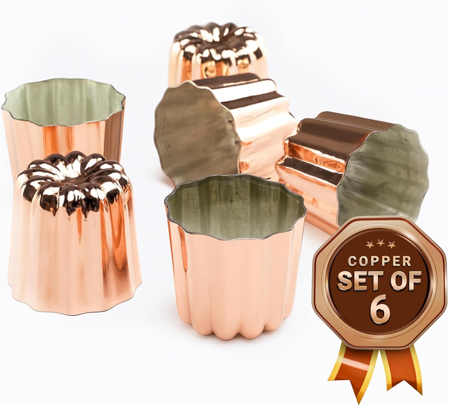 Copper Canele Molds Set of 6, 2.1 Inch Traditional French Caneles, Pure Copper Bakeware with Tin Lining, Nonstick Pastry Molds for Baking Perfect Custard Desserts, Durable Oven Safe Cup Mold Set