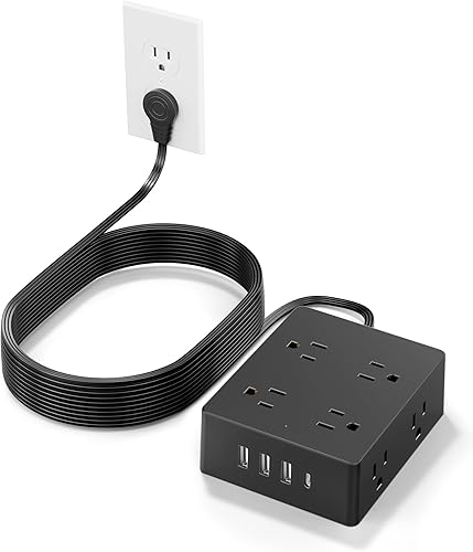 olcorife - Protector de sobretensiones, cable de extensión de 20 pies de largo con 8 tomas, 3 puertos USB (1 USB C), enchufe plano ultrafino, 1080J,