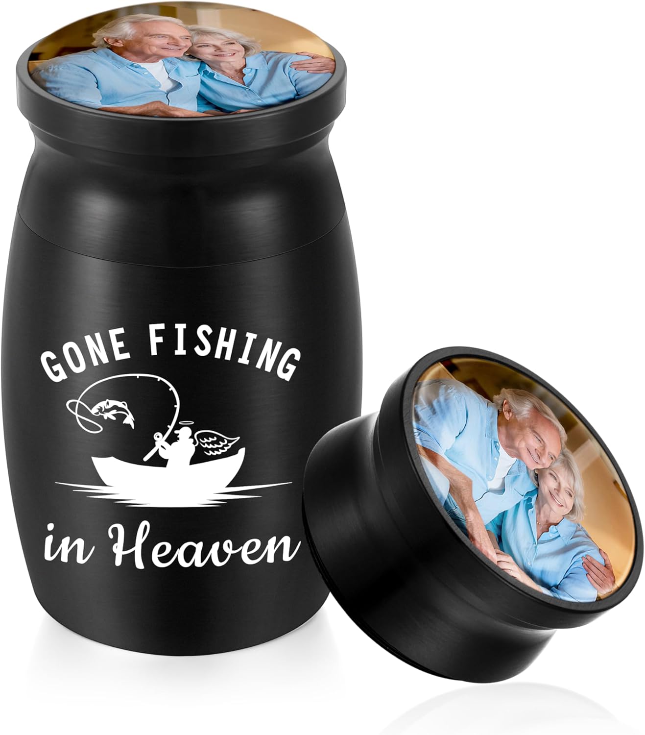 Personalized Small Urns for Human Ashes Keepsake 2.76 Inches Mini Urns for Ashes Memorial Small Cremation Keepsake Urn Mini Funeral Burial Decorative Urn for Adult Males Men - Gone Fishing in Heaven
