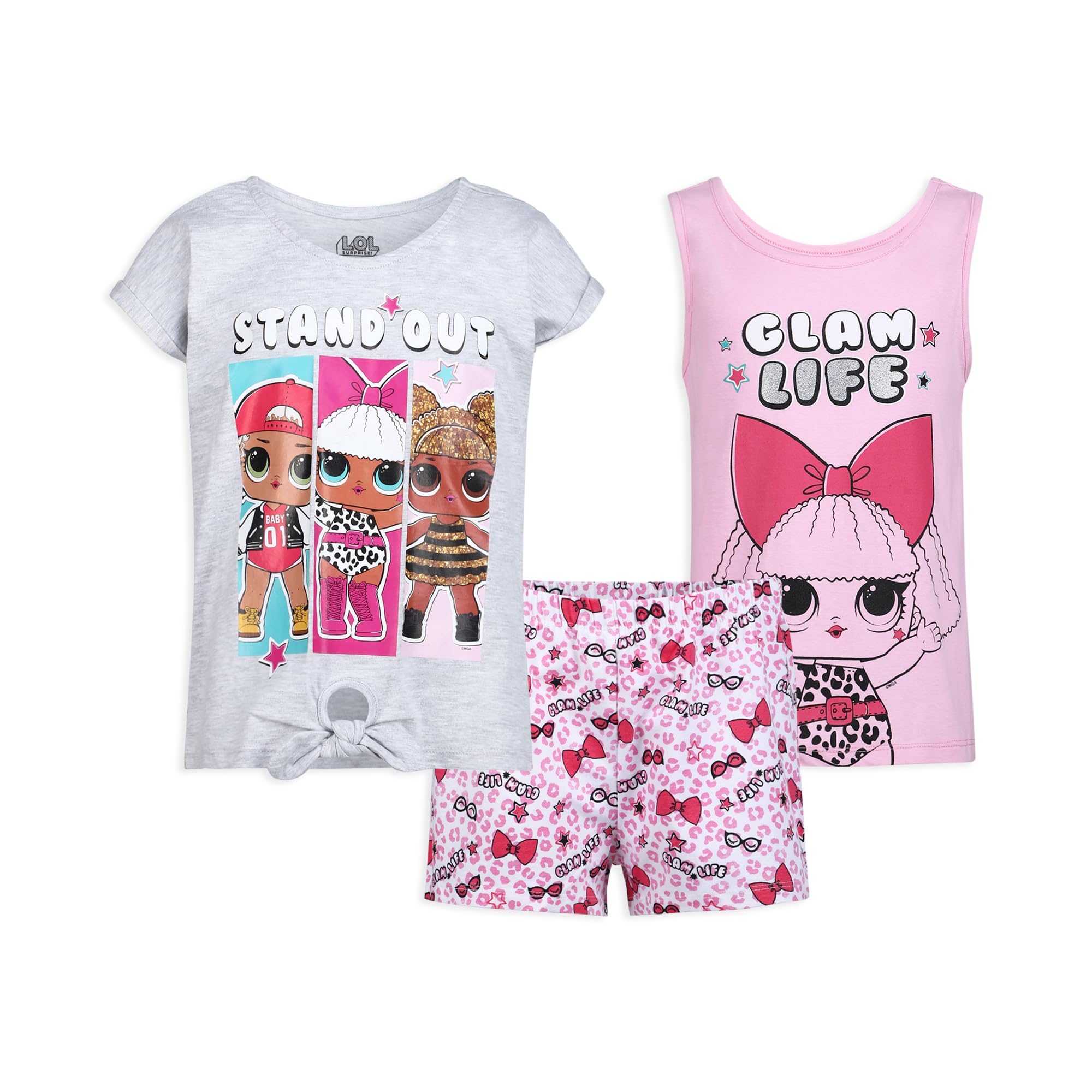 L.O.L. Surprise!Diva, Queen Bee and M.C Swag Girls’ T-Shirt, Tank Top and Short Set for Big Kids – Light Grey