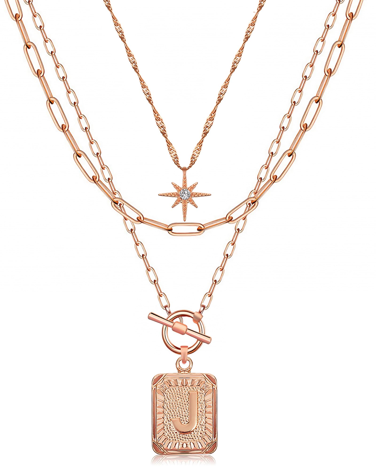 MJartoria Layered Initial Necklaces for Women Trendy, 14K Gold Plated Brass Simple Star Choker Square Letter Pendant Necklace, Paperclip Chain Necklaces Jewelry Gifts