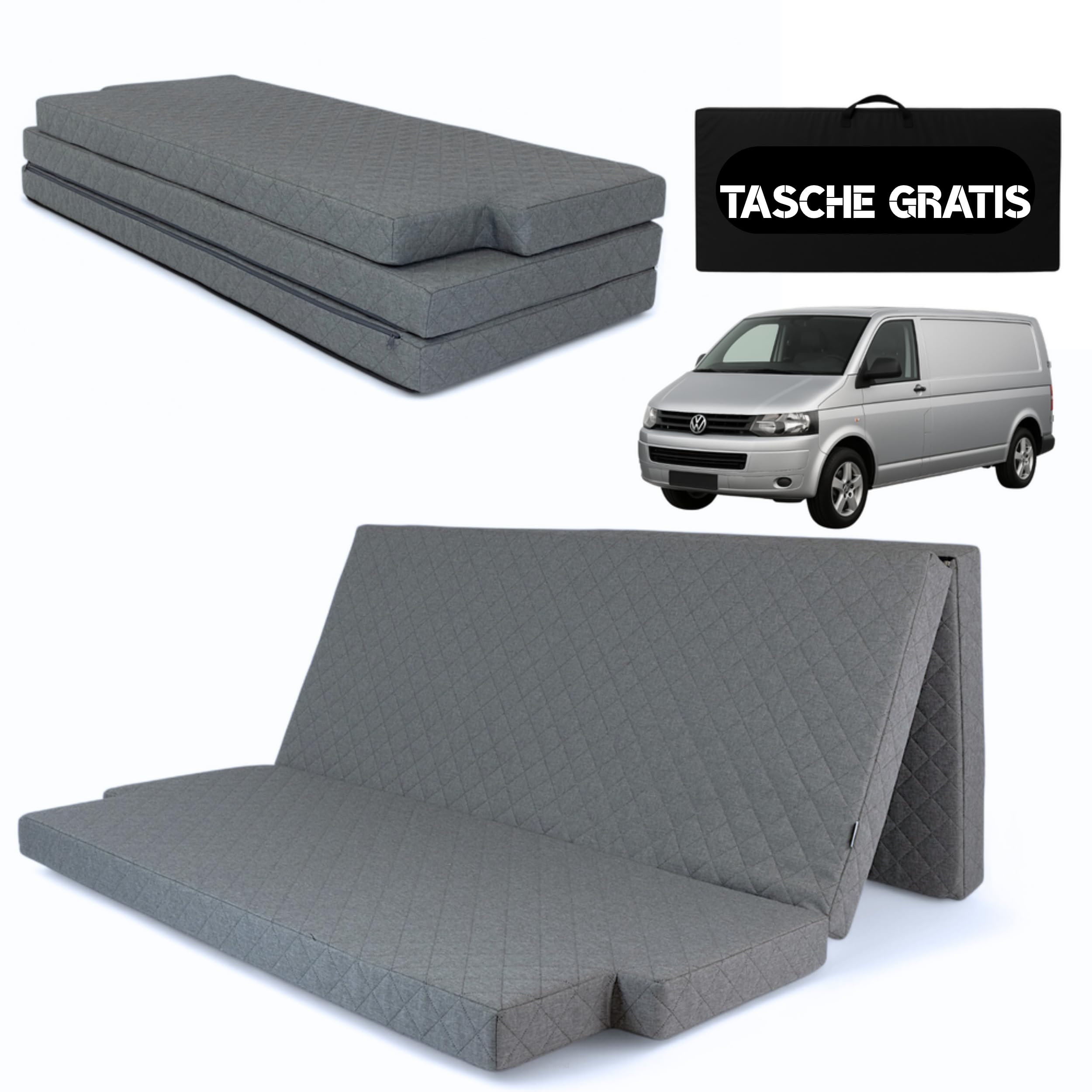 Materasso per cabina VW Multivan T5/T6 – 3 pezzi – Materasso pieghevole per auto con memory foam & borsa per il trasporto | Materasso da viaggio per autobus adatto per VW T5 T6