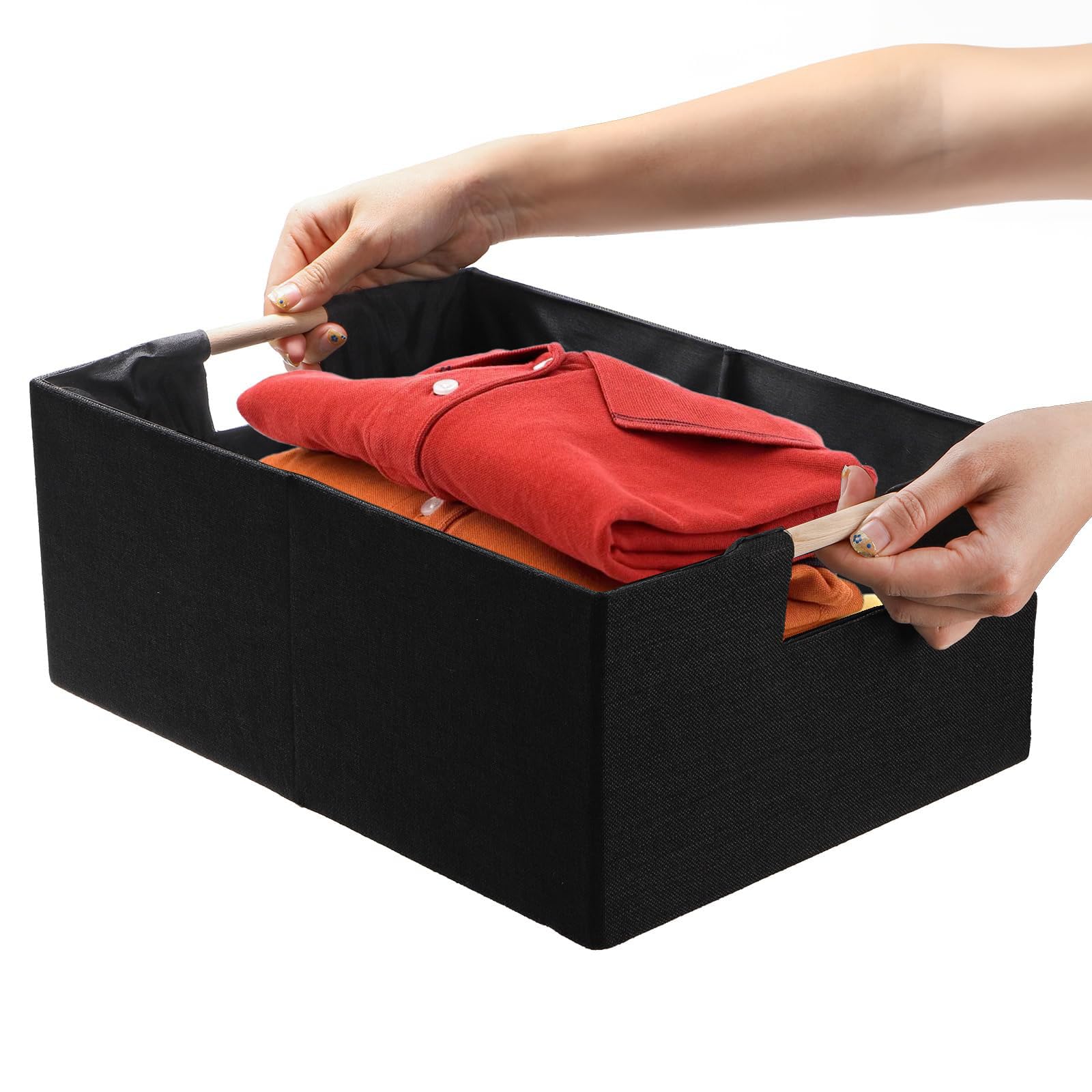 Stabile Aufbewahrungsbox aus Stoff mit Holzgriffen, verstärkter Kartonboden für Zuhause, Stoff-Aufbewahrungsbox für den Haushalt