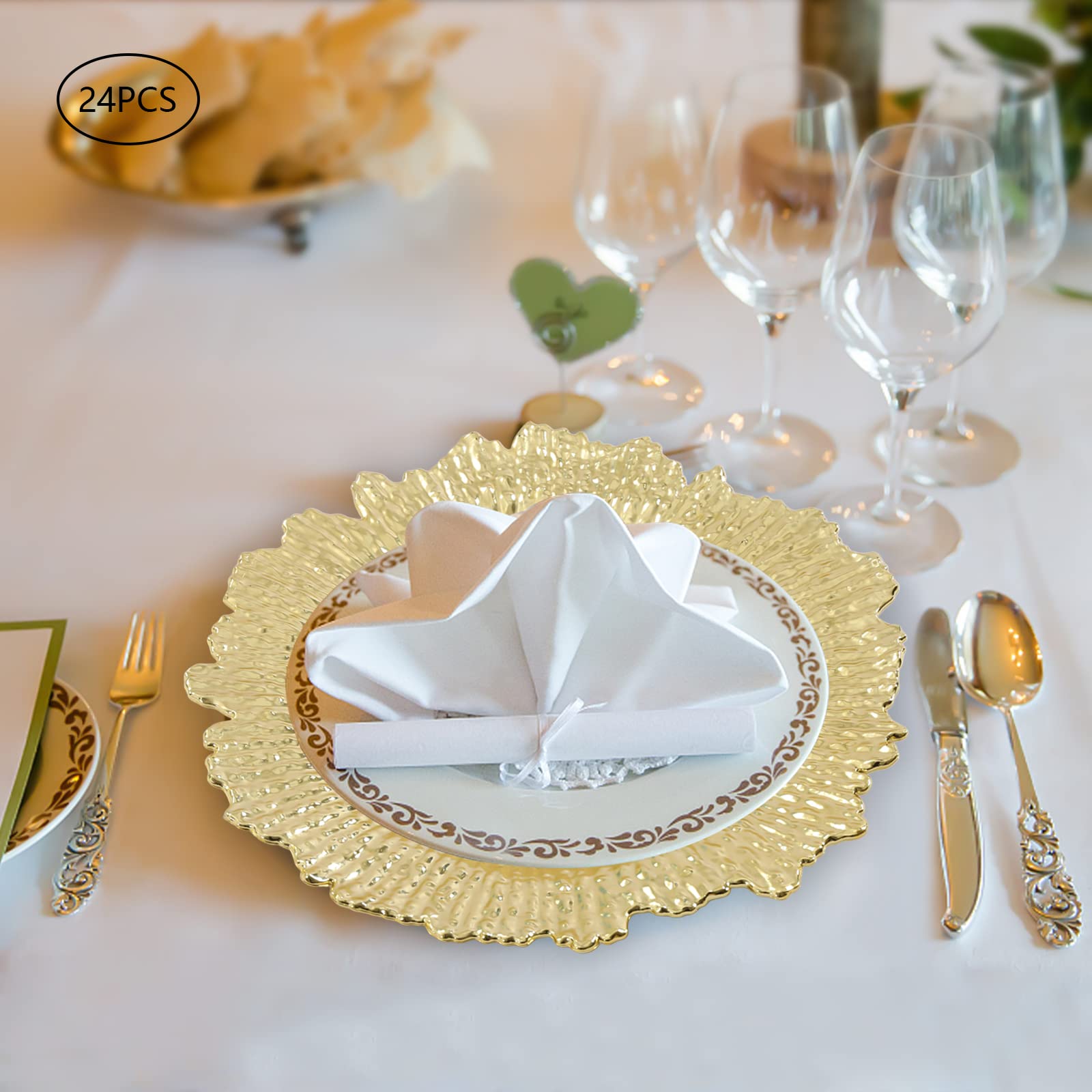 13 inch Charger Plates,24 Pack Round Plastic Reef Plate Chargers Elegant Decoration Place mats for Dinner Plates,Wedding, Party (Gold)