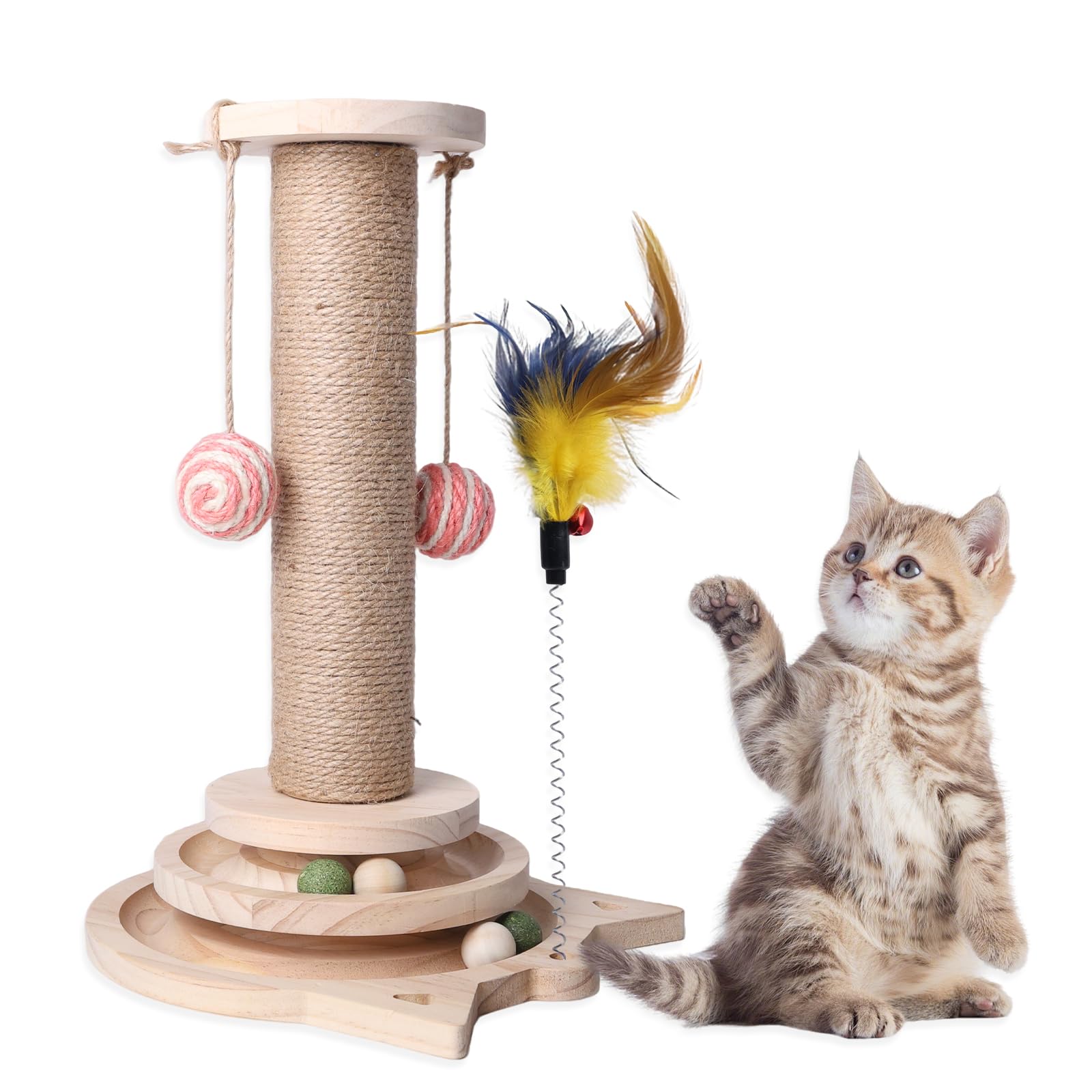 4 in 1 Interaktives Katzenspielzeug Selbstbeschäftigung, Katzenspielzeug Holz Sisalseil Kratzbaum mit Hängenden Kugeln, Intelligenz Katzen Spielzeug, Spielzeug Katze Intelligenz mit Frühling
