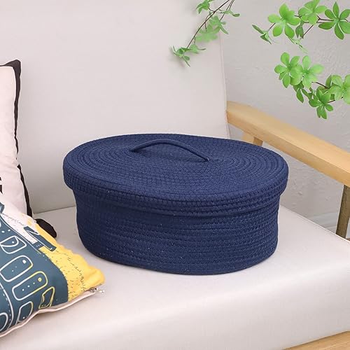 Miniatura 7 de Cesta de almacenamiento de cuerda de algodón con tapa, cesta de almacenamiento de manta de cuerda tejida, contenedor de almacenamiento de guardería,