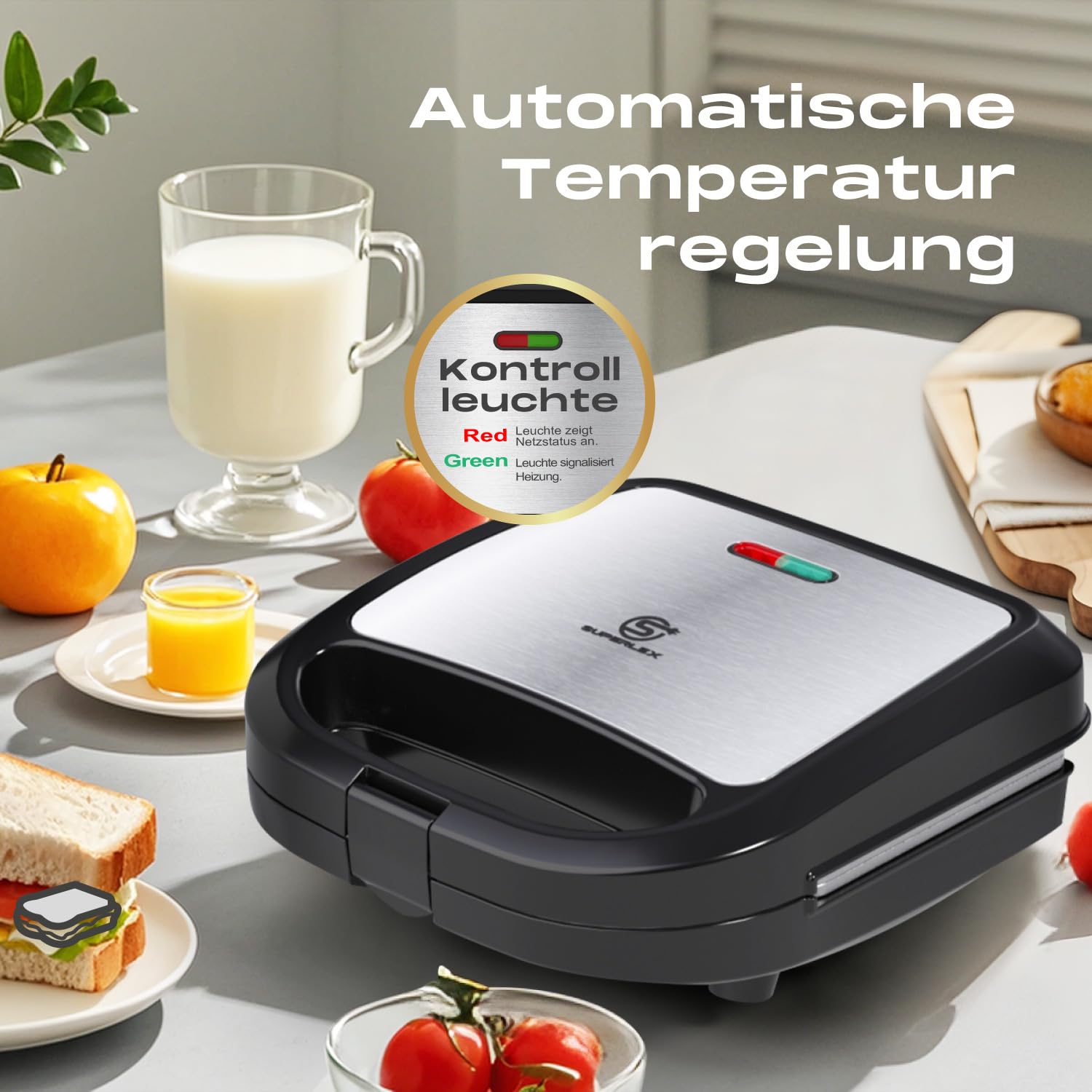 Elektryczny opiekacz do kanapek, 750 W, 2 kromki, z płytkami nieprzywierającymi, automatyczna kontrola temperatury, uchwyt Cool Touch, kompaktowy