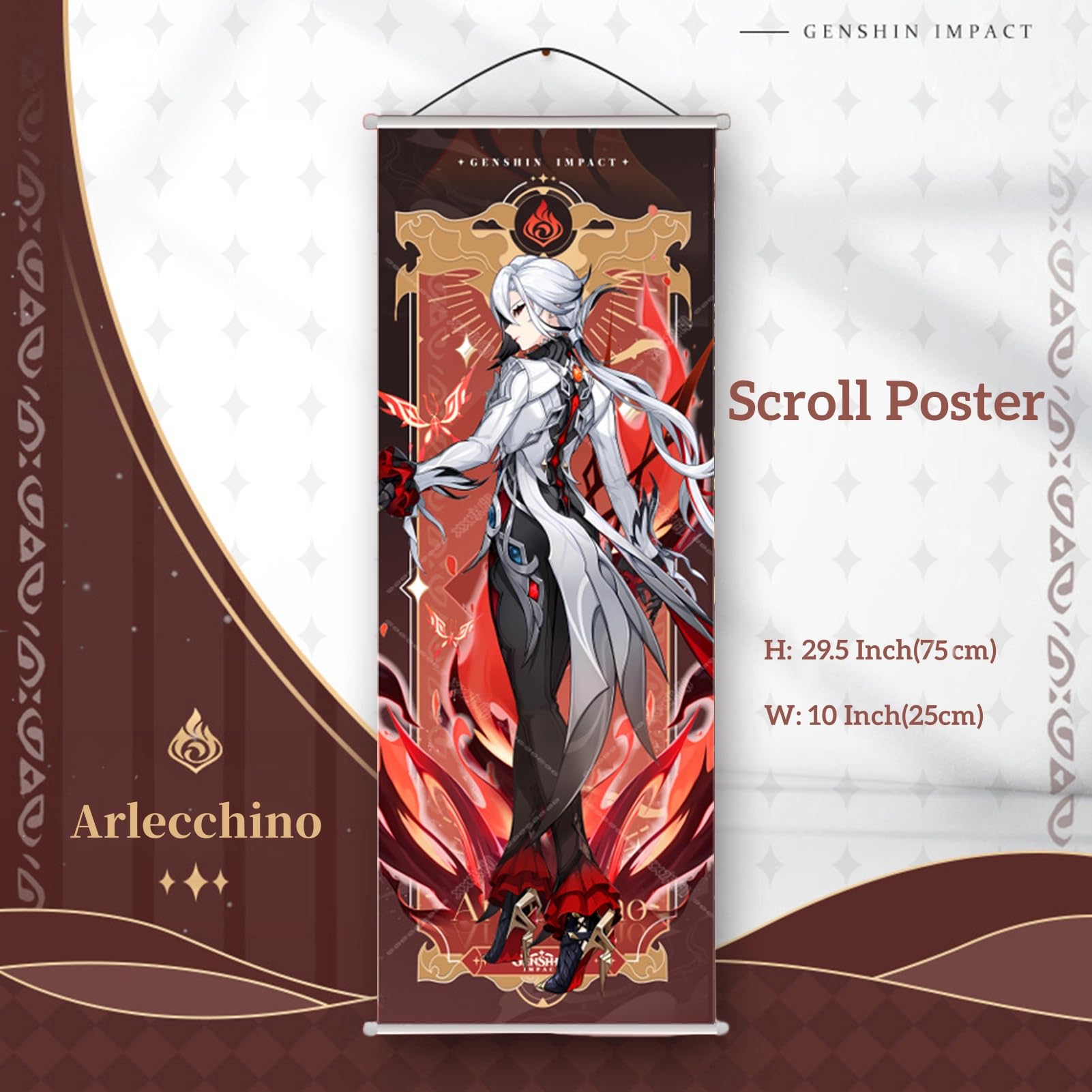 Genshin Impact Box Arlecchino Merch Set - Bambola di peluche, poster, tappetino per mouse, figura di supporto, braccialetto, distintivo, portachiavi, porta carte, 30 carte Lomo, 50 adesivi