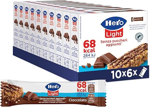 Hero Light Barrette ai Cereali e Cioccolato, Snack Senza Zuccheri Aggiunti, Senza Olio di Palma, Zero Conservanti, 10 Confezioni da 6 Barrette x 20g
