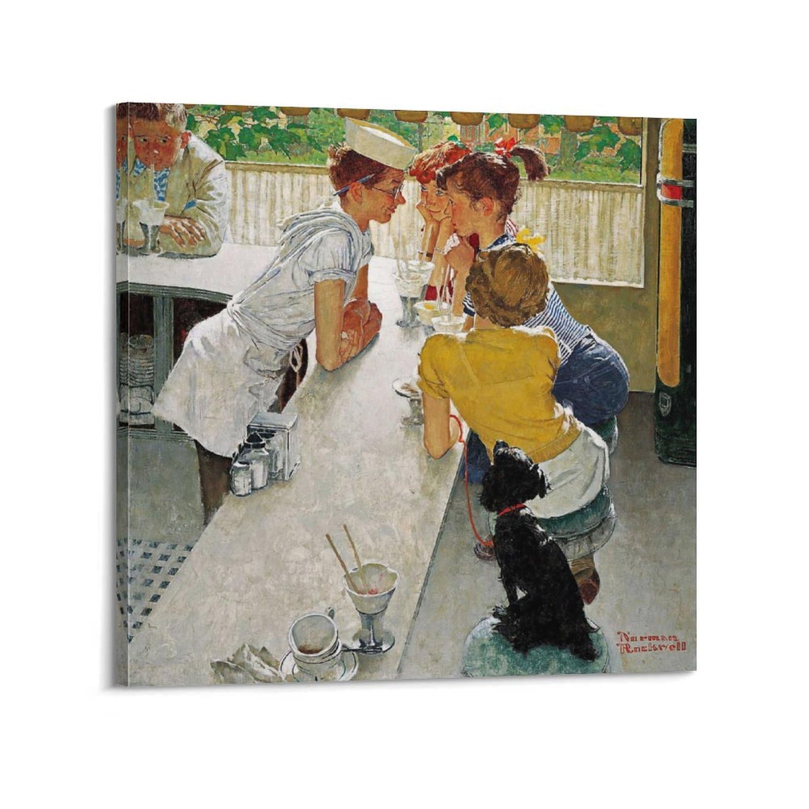 Kangzeng Frame-Style Norman Rockwell Painter Works (The Soda Jerk) Art Posters Wall Art Bedroom Prints Home Decor Hanging Picture Canvas 12X12inch(30X30cm)