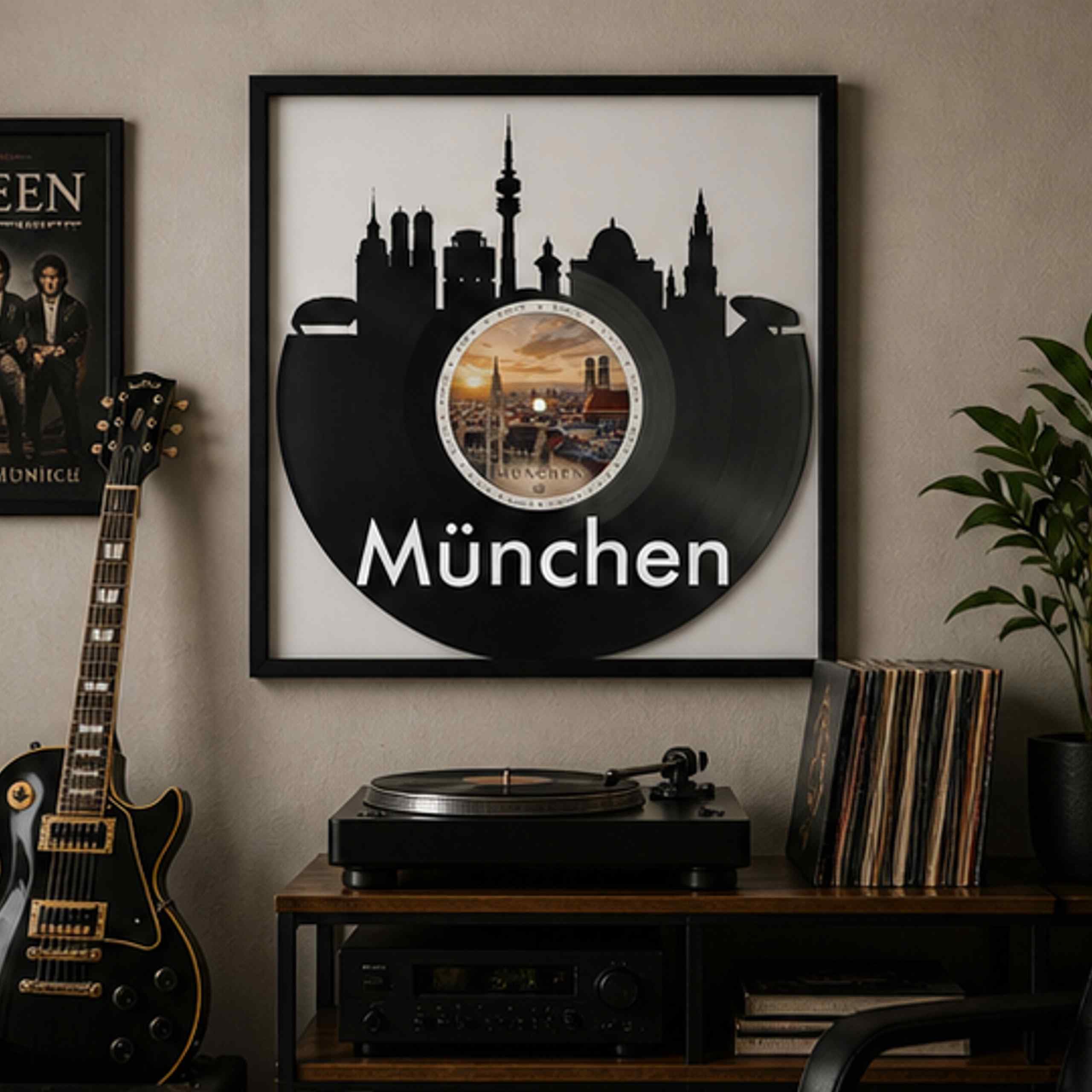 EVEVO Dekoracja ścienna z płyty gramofonowej w ramie 32 x 32 cm Monachium – winylowa sztuka ścienna Bayern prezent dla fanów Monachium i podróżników