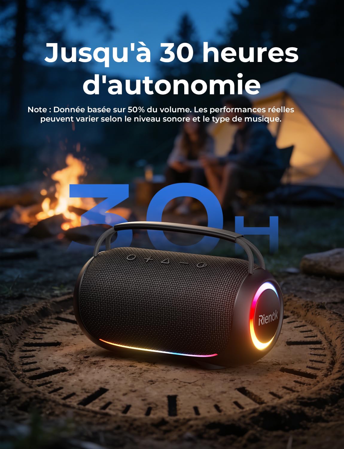 RIENOK Enceinte Bluetooth, 80W Enceinte Puissante, Tweeter et Woofer, 6000 mAh, 30H, IPX6, 128Go, Haut Parleur Bluetooth 5.3, Port Clé USB, AUX et TF Carte, pour Fêtes Soirées Voyage Extérieur, Noir