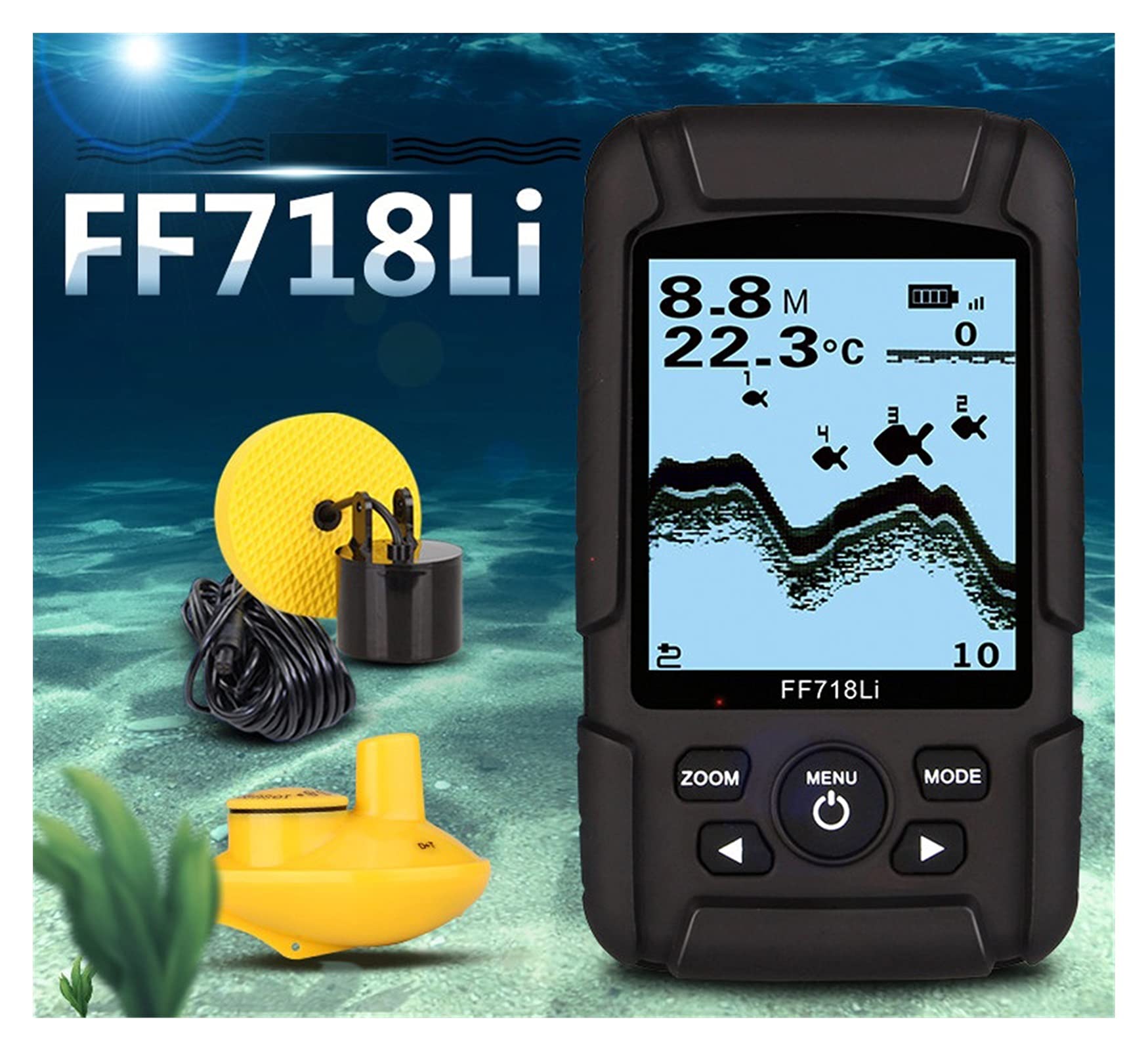 Sonar Trasduttore 2-in-1 Cablato e sensore Wireless Portatile Pesh Finder 328ft / 100m profondità(718LI-W)