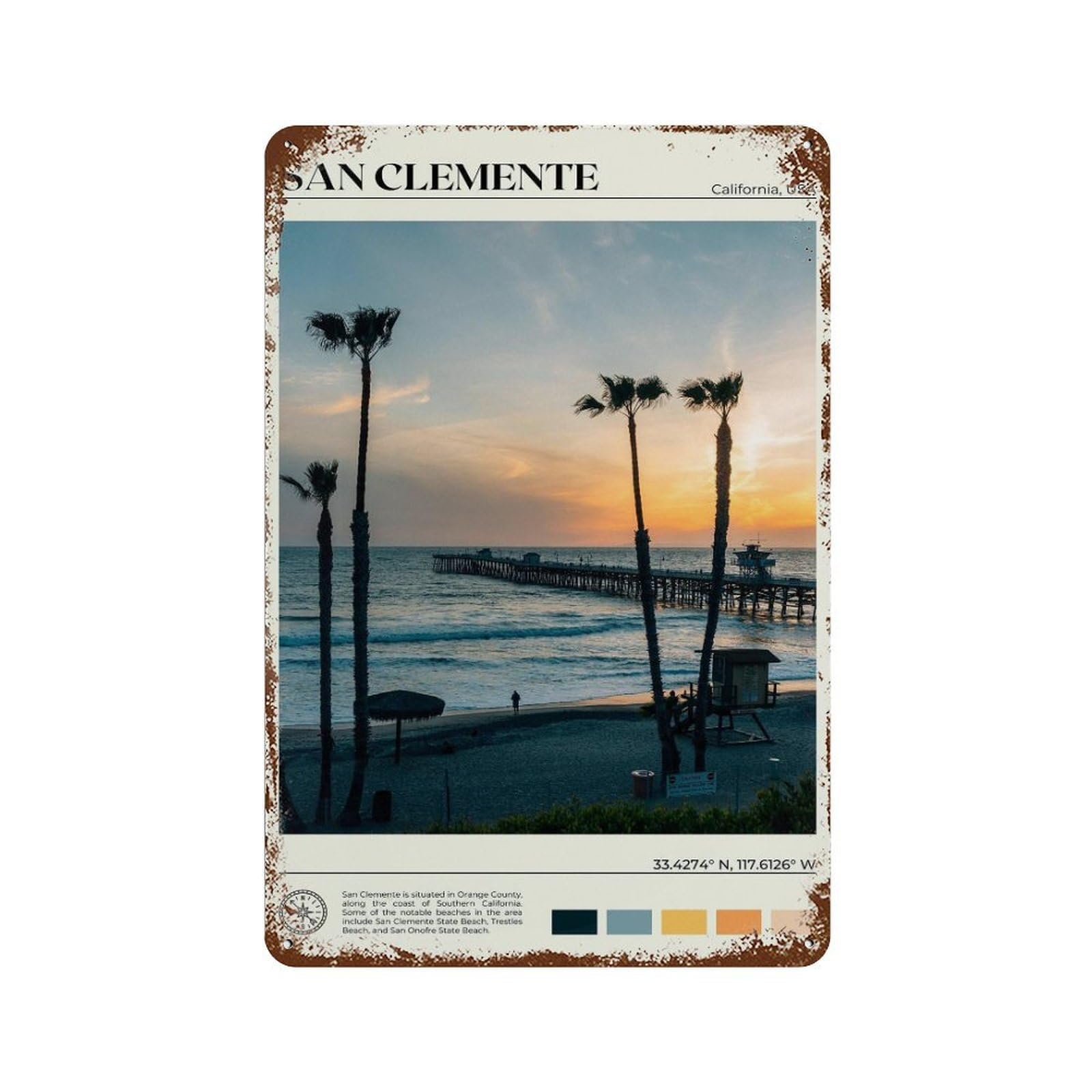 xiaoxiaoshen Real Photo San Clemente California Wall Decor Art Metal Tin Poster Modern Home Decor Art Home Bar Shop Decorations Vintage Sign 30x20cm