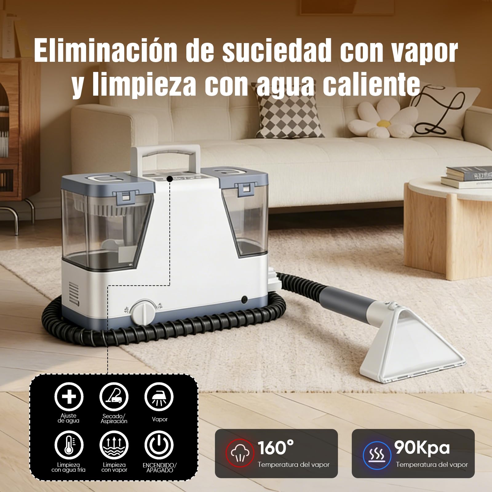 Aspiradora de Agua Tapicería - 2500W 20kPa Limpiador de Tapiceríascon Vapor Caliente,alfombras, moquetas para aspiradora y desmontador para colchón compacto y portátil