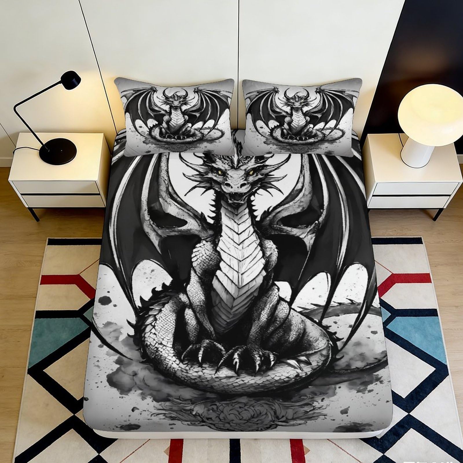 3D Printed Black Dragon Fitted Sheet Microfiber Fantasy Art Bed Cover for Bedroom Dorm Mattress Protection Decor 120x200x25cm