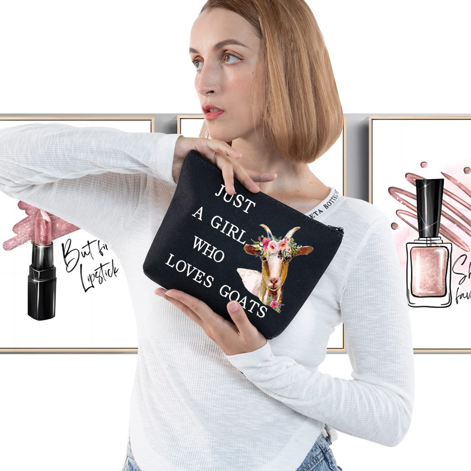 LEVLO Funny Goat Cosmetic BagAnimal Lover Gift Just A Girl Who Loves Goats Makeup Zipper Pouch Bag Goat Lover Gift for Women Girls Loves Goats Black - Image 3